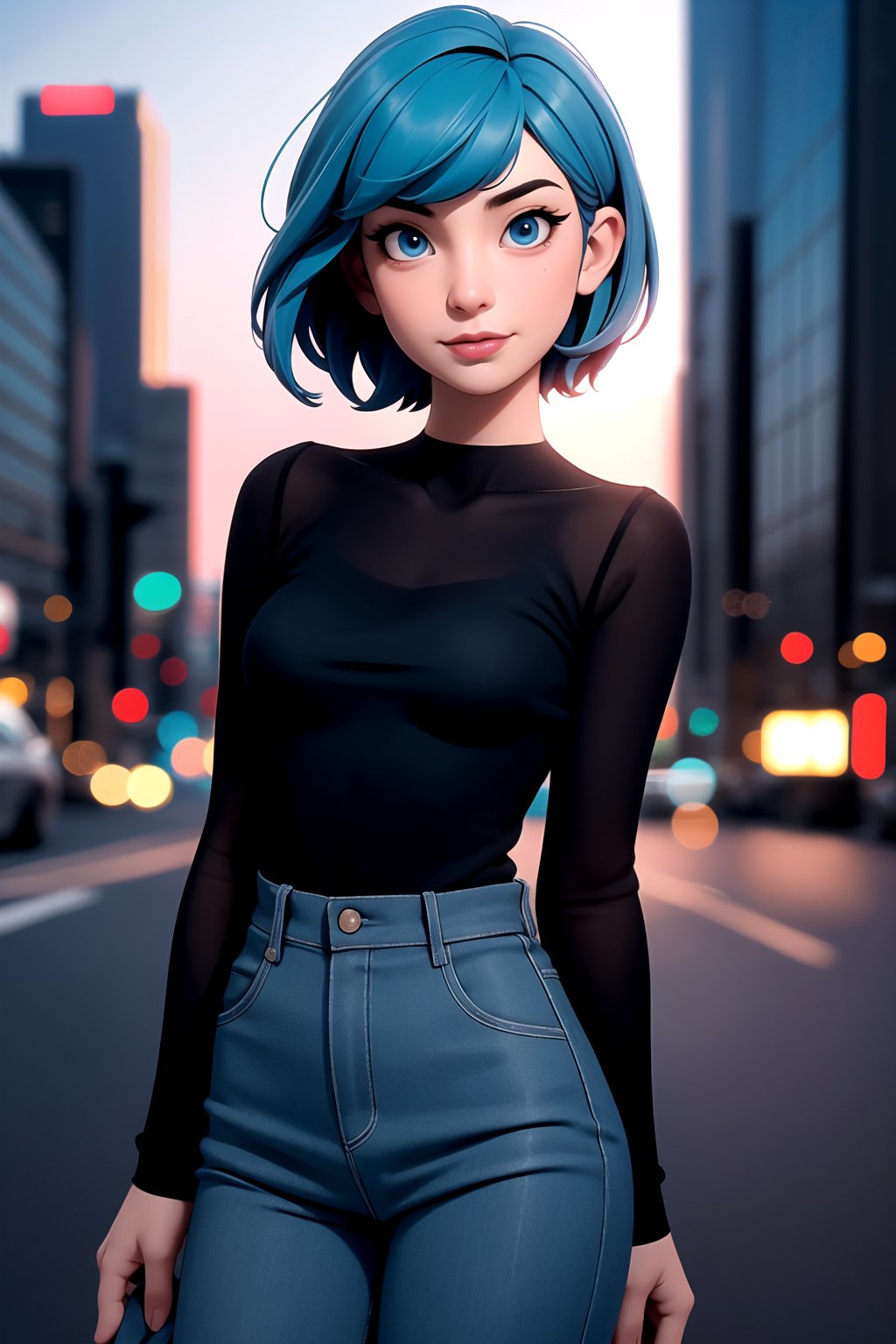 centered, award winning medium shot portrait, (hyperealistic), (beautiful detailed eyes), (gorgeous woman face), | solo, 1girl, short hair, aqua hair color, dark blue eyes color, | casual outfit, (small breasts:1.2), | sunset, city, tokyo, buildings, city lights, | depth of field, bokeh, | smooth detailed shadows, hyperealistic shadows, (saturated colors:1.2) |,3DMM