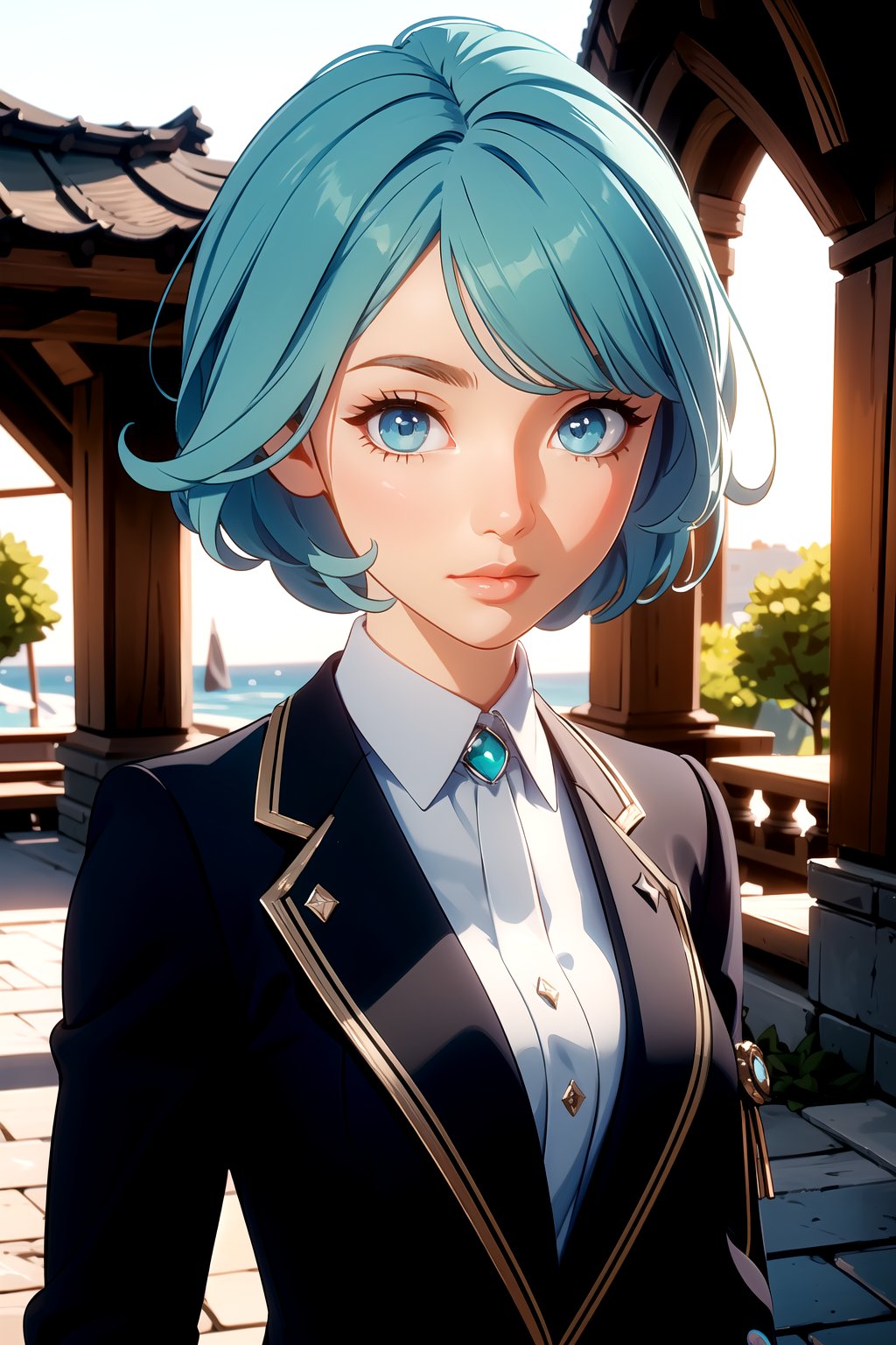 (detailed face:1.2), (looking at viewer:1.2), centered, (upper body), photography of a 22yo woman, masterpiece, | (beautiful detailed eyes:1.2), short hairstyle, aqua hair color, light blue eyes, | (business suit:1.2), | sunset, bokeh, depth of field, | fantasy world, medieval, fantasy town, 