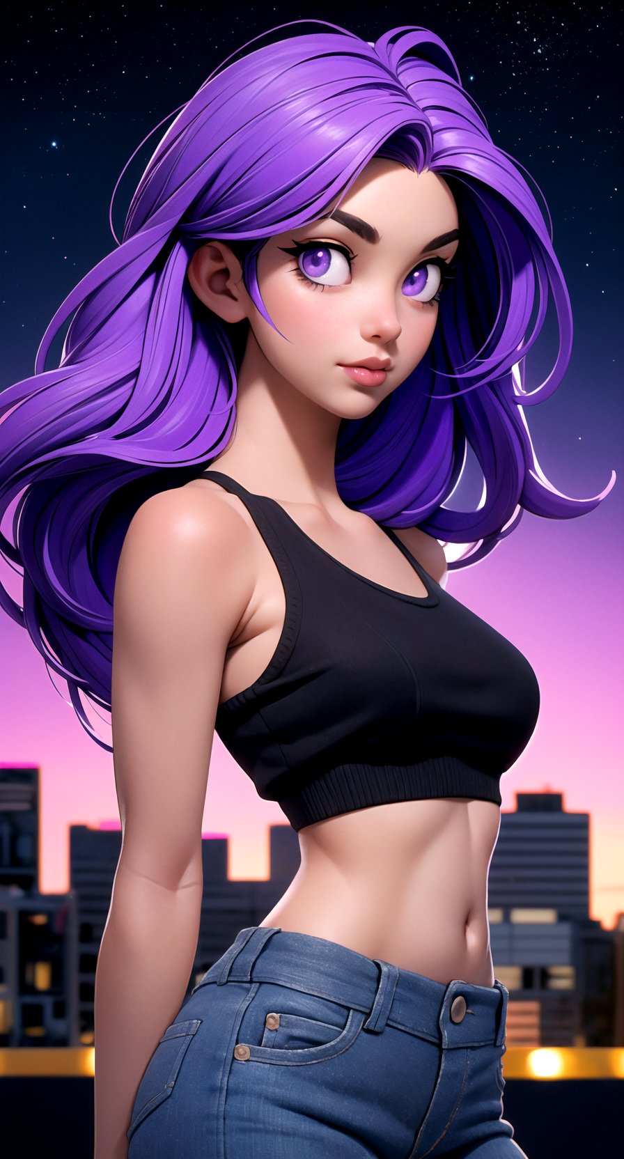 (hyperealistic detailed face:1.2), (looking at viewer:1.2), (frontal view), centered, upper body, award winning frontal photography, masterpiece, | (arms behind back), (beautiful detailed eyes:1.2), braided hairstyle, (purple hair color), (light purple eyes), (black tube top), midriff, navel, lowleg jeans, | sunset, bokeh, depth of field, | urban, street, City, | starry sky, vaporwave color scheme, (saturated colors:1.2), ,3DMM