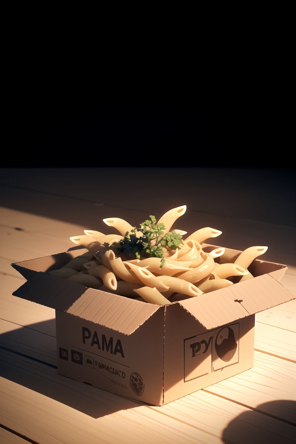 centered, a dish of pasta in a cardboard box, simple background, | depth of field, bokeh, | smooth detailed shadows, hyperealistic shadows, (saturated colors:1.2) | (game cg, unreal engine, pixar style), (3d model), 