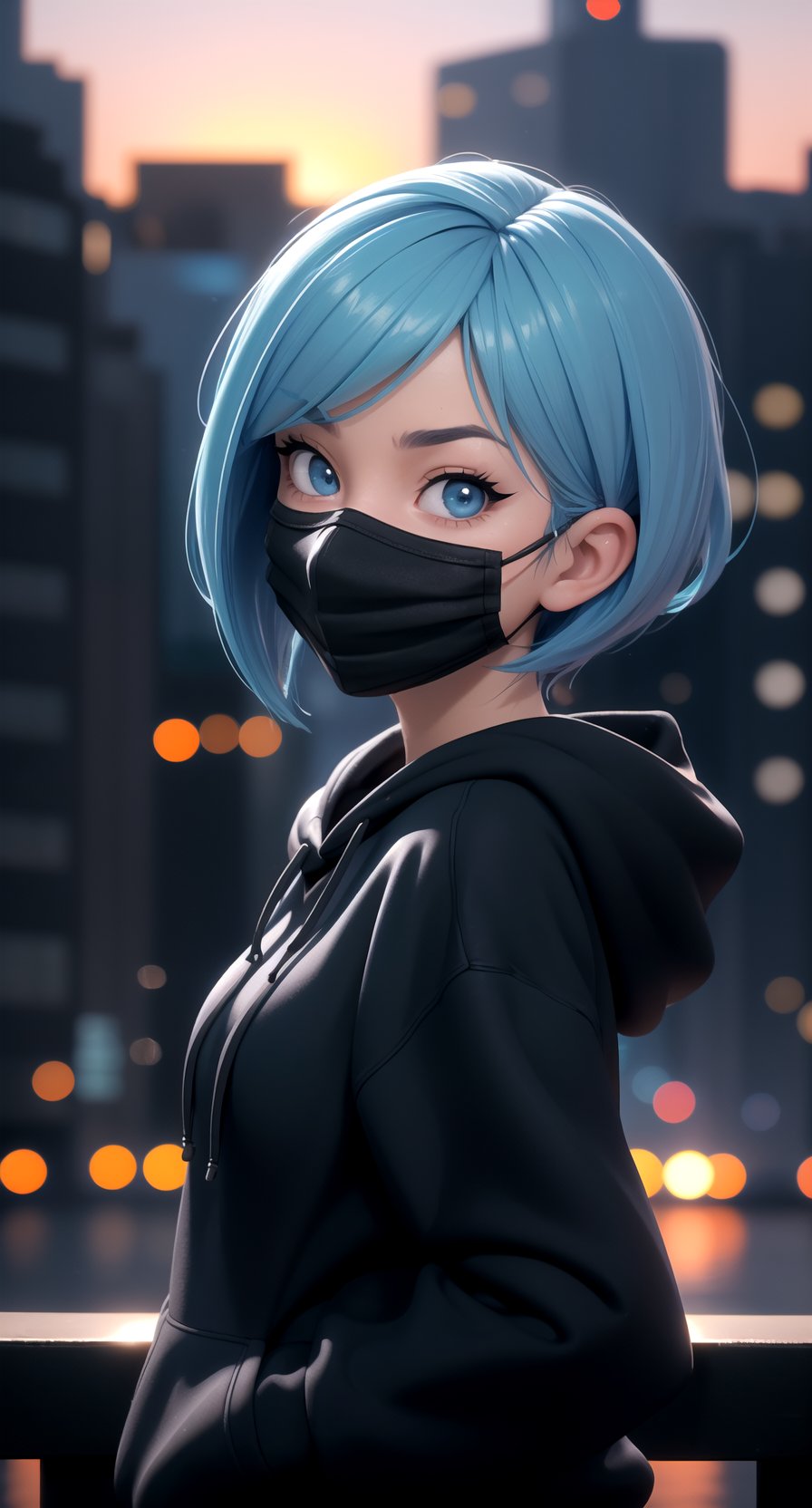 3d, pixar style, 3d model, rendered, | centered, masterpiece, face portrait, (frontal view, looking at front, facing viewer:1.2), | 1girl, solo, aqua hair color, short hairstyle, light blue eyes, | (black mouth mask:1.2), dark blue hoodie, | city lights, sunset, buildings, urban scenery, | bokeh, depth of field,