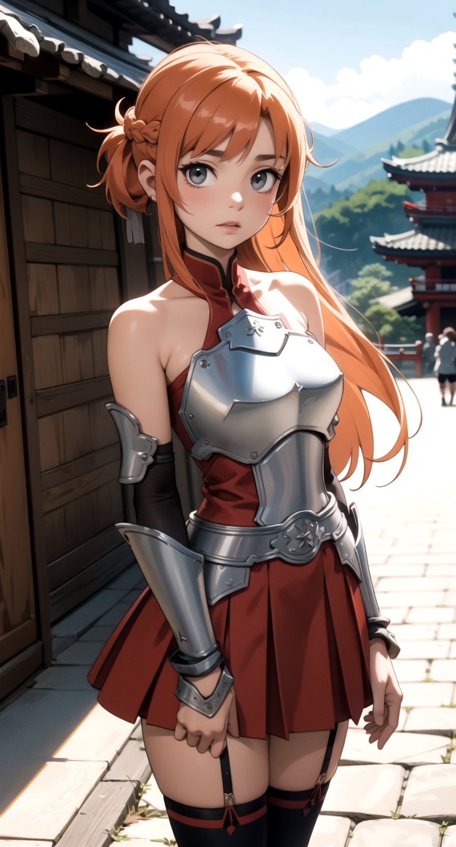 centered, award winning photography, | Yuuki Asuna, french braid, asymmetrical bangs, strapless armored dress, red pleated skirt, arm armor, breastplate, hip armor, garter strap, thighhighs, standing on old cobblestone street of Kyoto, Yasaka pagoda in the background, distant mountain, | cowboy shot, | bokeh, depth of field, | asuna yuuki ,asuna yuuki