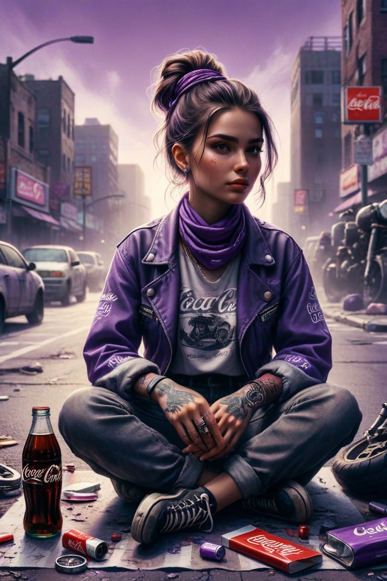 Create an illustration of an individual with stylish hair tied up with a bandana, dressed in purple attire labeled "Hardly Dangerous," holding a Coca-Cola bottle while sitting casually on an urban street curb. Include two parked motorcycles in the background to set an edgy and relaxed atmosphere, using muted grey and purple tones for a cohesive color scheme.
