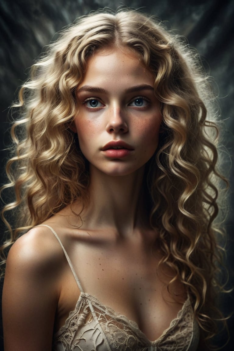 Create a surreal portrait of a young woman with long, curly blonde hair. Her skin should have a co

