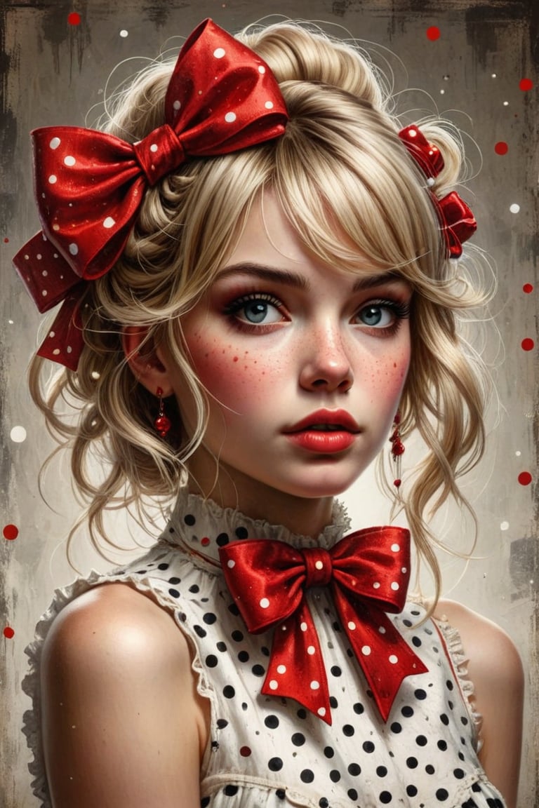 Create an illustration of a detailed and textured blonde hairstyle tied into an oversized bow, embellished with a red accessory featuring white polka dots, capturing the intricacy of individual hair strands and layers.
