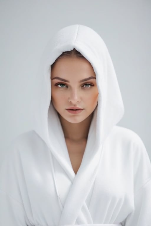 dream photography, an Angelic woman, white robe with hood, in high key, 35mm