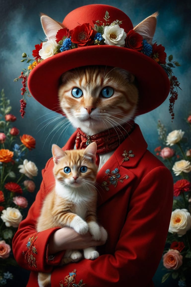 Create an image of an individual in a striking red coat and an elaborate red hat decorated with flowers, holding an orange and white cat with piercing blue eyes. The setting should have soft, cool-toned colors that make the warm red attire stand out, capturing the essence of elegance and companionship between human and pet.
