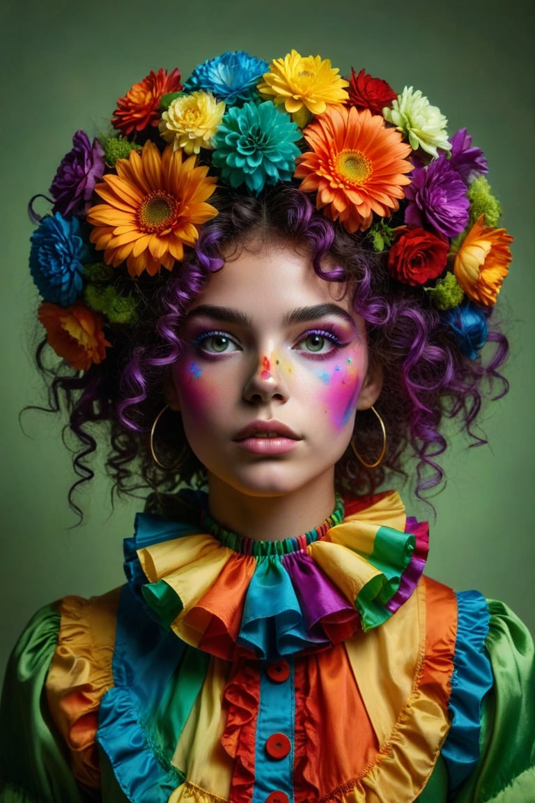 Create an image of a person with voluminous curly hair adorned with rainbow colors including purple, blue, green, yellow, orange, and red. Include a large yellow flower on the top left side of their head. They should be wearing a ruffled clown collar with bold stripes in green, yellow, orange, and red colors and have hints of blue clothing visible below the collar. Set this portrait against a soft green and purple background that enhances the colorful theme.
