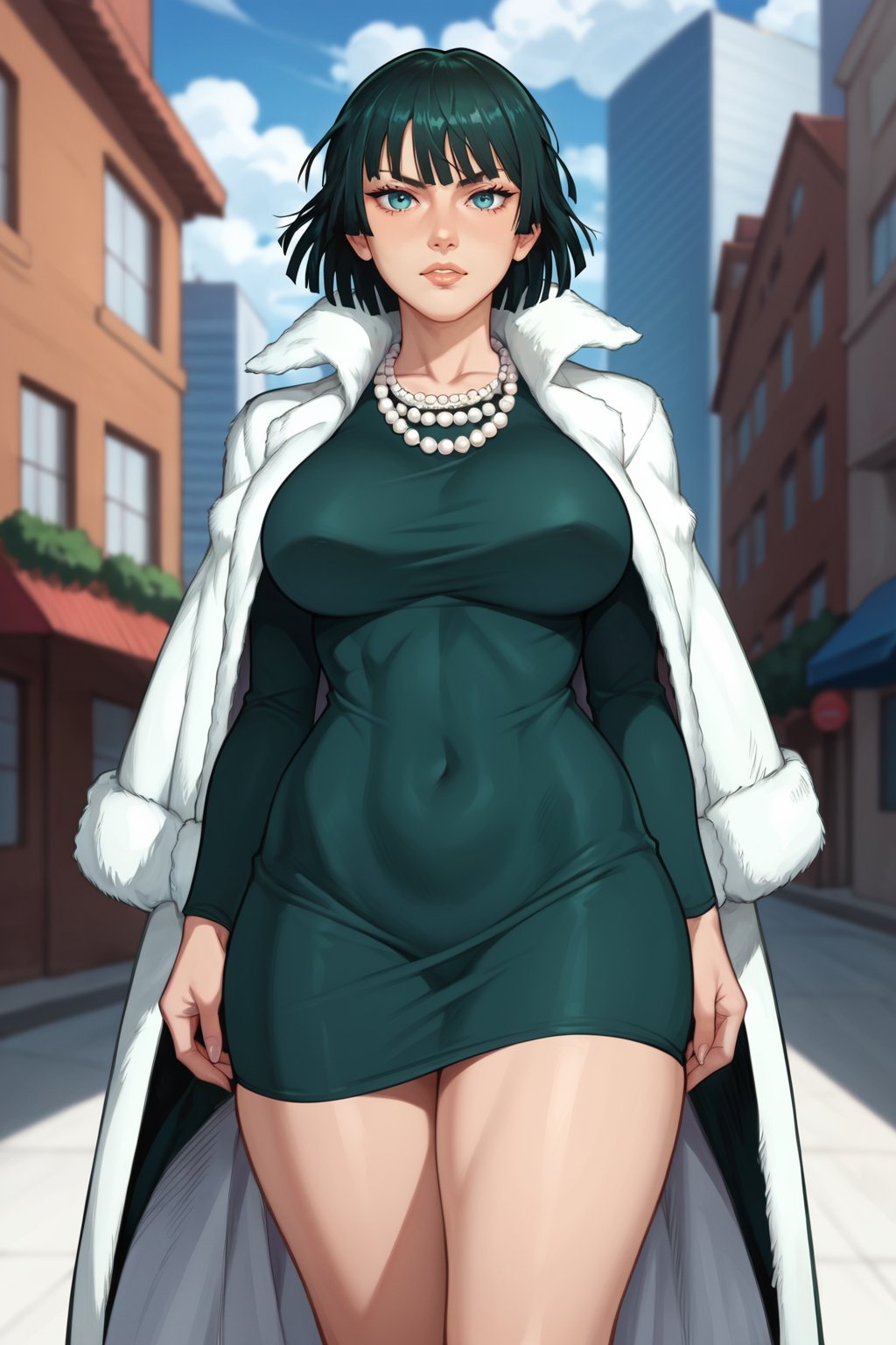 score_9, score_8_up, (detailed eyes: 1.2),((curvy body, hourglass body)),Fubuki, young woman, curvy figure, chin-length, dark green hair, light green eyes. white fur coat, dark green dress, ajusted dress, form-fitting V-neck dress with a high collar, thigh-high black boots, white pearl necklaces, solo, eyelashes, outdoors,big breasts, thighs, angry expresion, looking at viewer, curvy, standing, full bodyshot, city background, Fubuki_(One-Punch_Man)