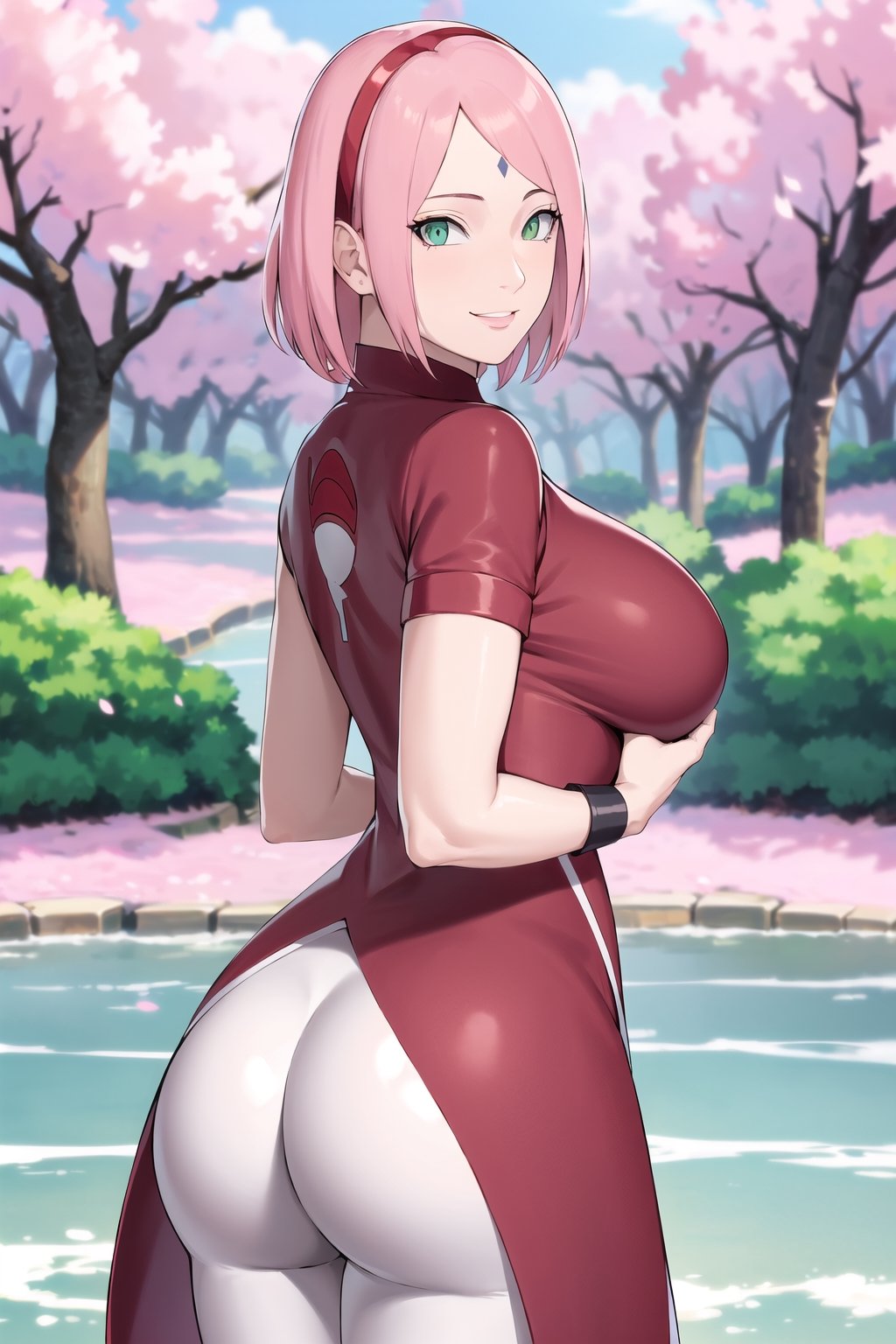 masterpiece, absurdres, 1 girl, haruno sakura, forehead mark, red hair band, red sleeveless dress, armband, from behind, white pants, (uchiha crest), looking at viewer, outdoors, cherry blossoms, flowing hair, smile, cowboy shot, giant boobs, huge tits, big tits, curvy, big ass, front view, nsfw