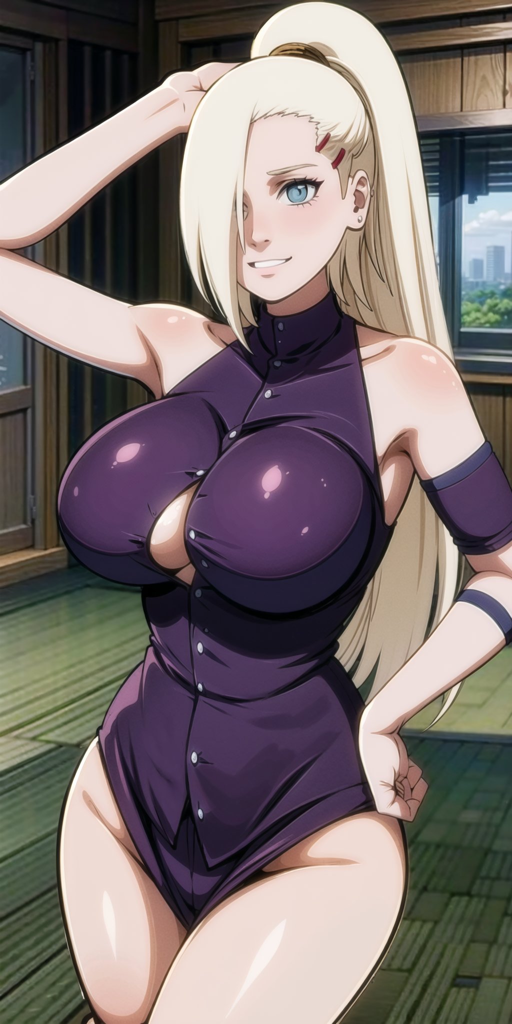 {best quality}, {{masterpiece}}, {highres}, original, extremely detailed 8K wallpaper, {an extremely delicate and beautiful},beautiful face,(((masterpiece))), ((best quality)), (((full Ino Yamanaka clothing))), {{perfect eyes}}, {{smiling}}, woods, {{big tits}}, perfect legs, perfect thighs