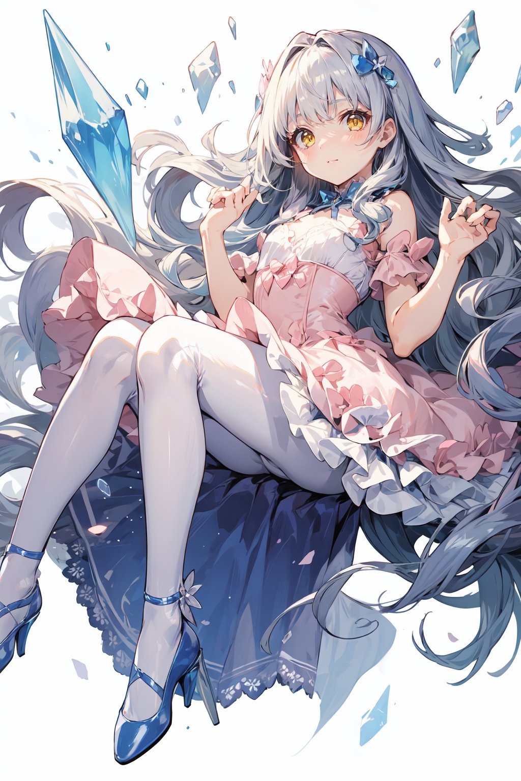 a cute girl wearing a pretty pink dress with ruffles and lace, white silk tights, blue crystal shoes, long straight white curly hair with bangs, yellow eyes.