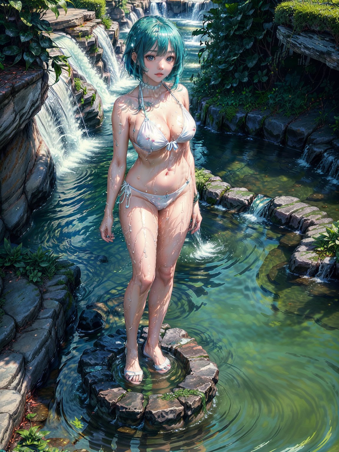 ((full body):2) {((Solo/A woman/standing):1.5)}: ((wearing extremely transparent white silk bikini and tight to her body):1.2), ((extremely large breasts):2 ), ((shimmering blue eyes, hlfcol short hair woman with blue and green)1.2), ((looking at the viewer with a look of love, flashy smile of excitement):1.3), ((striking an erotic pose):1.3), \n ((Water park full of waterfalls, water falling on top of the body):1.2), anime, anime-style, 16k, ((best quality, high details):1.4), masterpiece, UHD,(hlfcol haired girl with color1 and col)