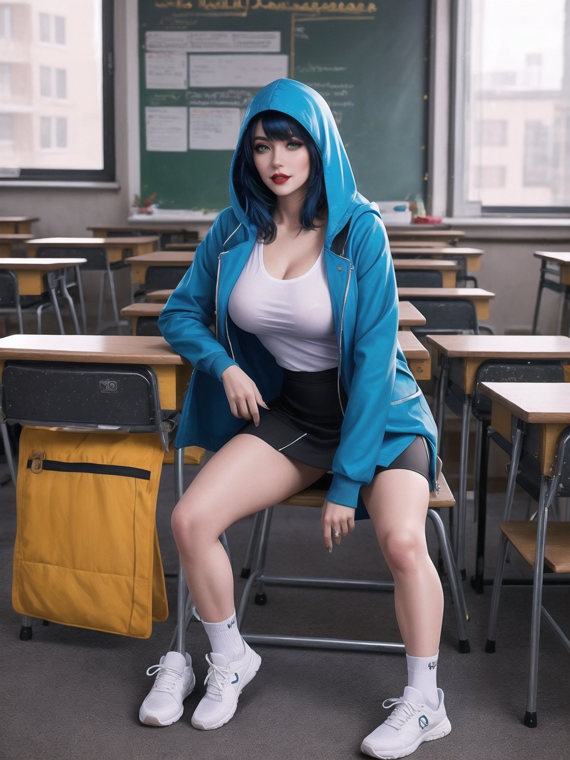 A woman is wearing a blue coat with a hood covering her head, a white T-shirt, a very short black skirt, knee-length lycra socks and white sneakers. The outfit is very tight on the body and her breasts are gigantic. She has blue hair, short in chanel style, with a very long fringe covering her left eye. She is looking directly at the viewer. She is inside a classroom, with a blackboard, tables with chairs, bookshelves with books and windows. There are many structures around. ((A woman doing a sensual pose with interaction and leaning on anything+object+on something+structure+leaning against+sensual pose)), maximum sharpness, super_metroid, UHD, 16k, best possible quality, ultra detailed, best possible resolution, (full body:1.5), Unreal Engine 5, professional photography, perfect_thighs, perfect_legs, perfect_feet, perfect hand, fingers, hand, perfect, better_hands, more detail