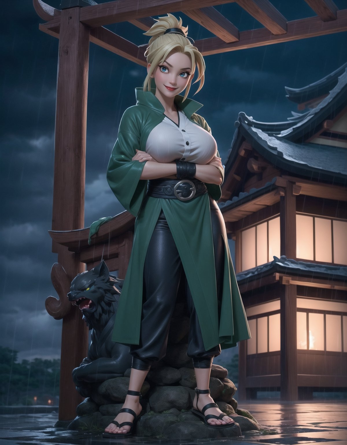 Masterpiece in UHD resolution, with sharp details and a style inspired by (Naruto Shippuden), blending into the nighttime setting of a ninja temple during a heavy rain. | ((Tsunade)), a 30-year-old woman, wears a tight outfit consisting of a green coat, a collarless white shirt, dark blue trousers, and black leather sandals. Her (gigantic_breasts)) are emphasized by the snug attire. Her blonde hair, with a voluminous fringe over the right eye and a ponytail, accentuates her presence. Tsunade looks directly at the viewer with a sincere gaze and a big smile. | The nighttime ninja temple is enriched with elements of black marble, altars with ninja inscriptions, pillars, and a statue of an ancient hokage. Candles affixed to the walls illuminate the space as heavy rain adds a dramatic atmosphere. The three-dimensional composition highlights Tsunade in the foreground, interacting with the temple structure. | Cinematic lighting accentuates Tsunade's figure, while rain effects and glows on surfaces add dynamism to the scene. | An incredible woman, Tsunade, in a rainy ninja temple at night, with her gigantic_breasts. | {The camera is positioned very close to her, revealing her entire body as she adopts a sensual_pose, interacting with and leaning on a structure in the scene in an exciting way} | ((perfect_pose)), She is adopting a ((sensual_pose as interacts, boldly leaning on a structure, leaning back in an exciting way):1.3), ((full body)), (perfect_fingers:1.0), (perfect_legs:1.0), More_Detail, realhands