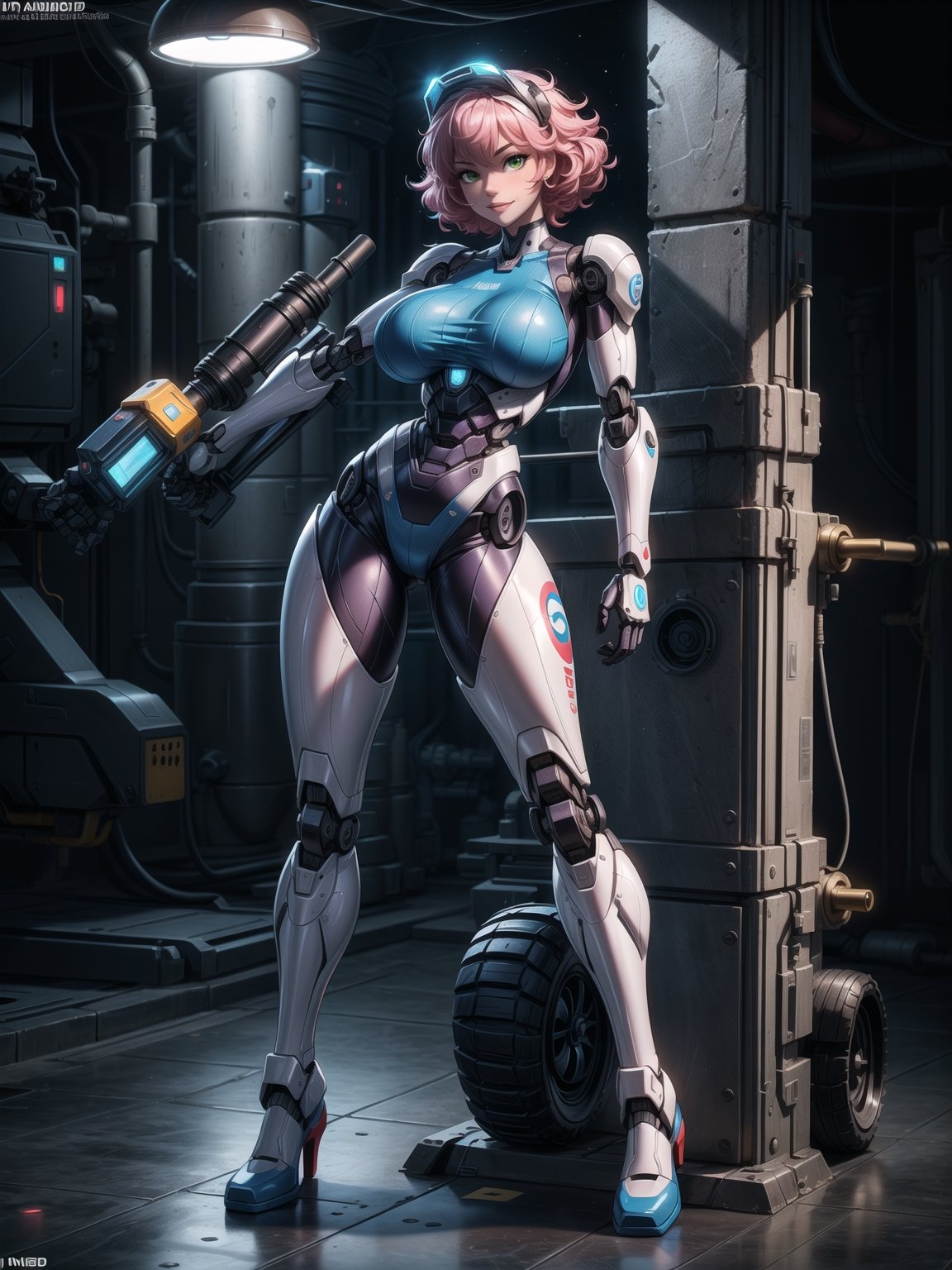 A robot woman, wearing ((white mecha costume with parts in blue, gigantic breasts, helmet+mask with visor)), short hair, pink hair, hair with barrettes, curly hair, messy hair, hair with bangs in front of her eyes, (((looking at the viewer, sensual pose with interaction and leaning on anything+object+on something+leaning against+leaning against))) in the underworld at night with many metal structures, machines, robots, ((full body):1.5); 16K, UHD, unreal engine 5, quality max, max resolution, ultra-realistic, ultra-detailed, maximum sharpness, ((perfect_hands): 1), Goodhands-beta2, ((a robot woman+robotic limbs)), ((underworld))