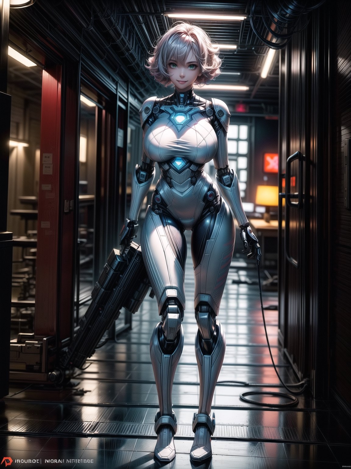 A robot woman, wearing ((white mecha costume with parts in blue, gigantic breasts, helmet+mask with visor)), short hair, pink hair, hair with barrettes, curly hair, messy hair, hair with bangs in front of her eyes, (((looking at the viewer, sensual pose with interaction and leaning on anything+object+on something+leaning against+leaning against))) in the underworld at night with many metal structures, machines, robots, ((full body):1.5); 16K, UHD, unreal engine 5, quality max, max resolution, ultra-realistic, ultra-detailed, maximum sharpness, ((perfect_hands):1), Goodhands-beta2, ((a robot woman+robotic limbs)), ((cyberpunk))