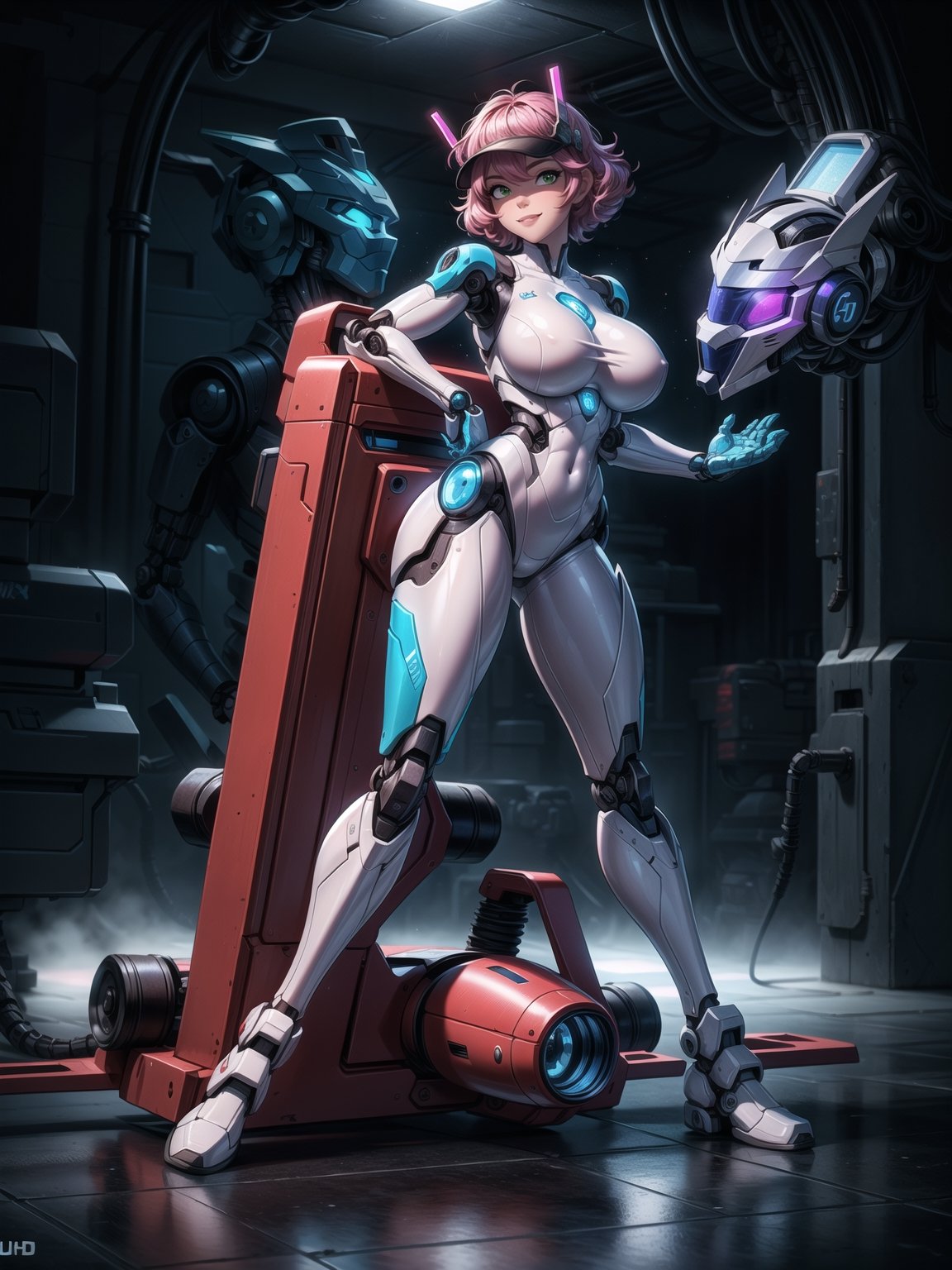 A robot woman, wearing ((white mecha costume with parts in blue, gigantic breasts, helmet+mask with visor)), short hair, pink hair, hair with barrettes, curly hair, messy hair, hair with bangs in front of her eyes, (((looking at the viewer, sensual pose with interaction and leaning on anything+object+on something+leaning against+leaning against))) in the underworld at night with many metal structures, machines, robots, ((full body):1.5); 16K, UHD, unreal engine 5, quality max, max resolution, ultra-realistic, ultra-detailed, maximum sharpness, ((perfect_hands): 1), Goodhands-beta2, ((a robot woman+robotic limbs)), ((underworld))