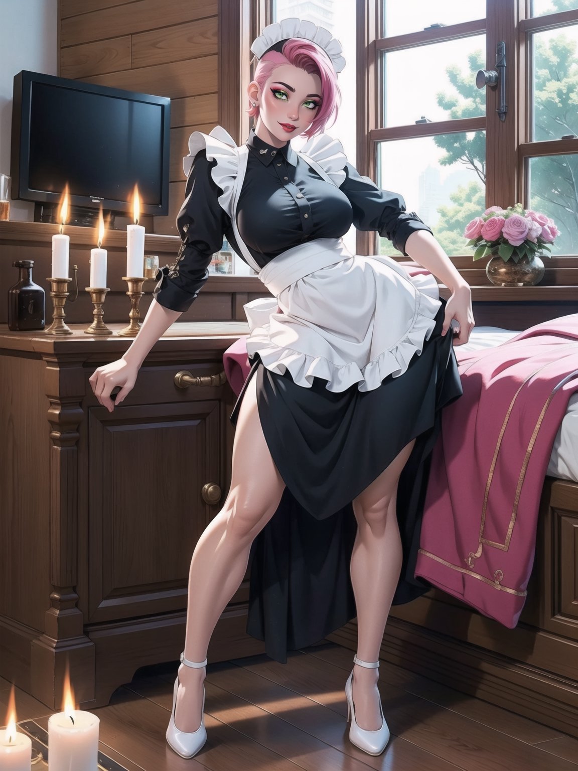 A woman, wearing costume of ((maid)) all black with white parts, white skirt with ruffle, very short hair, pink hair, (mohawk hair), hair with bangs in front of the eyes, (looking at the viewer), (((sensual pose with interaction and leaning on anything + object + on something + leaning against))) in an apartment, with furniture, 1 + floor + chair, Plasma TV, refrigerator, table, bed, open window, candles illuminating the place, 16K, UHD, (full body:1.5), unreal engine 5, ultra technological, quality max, max resolution, More detail, ultra-realistic, ultra-detailed, maximum sharpness, perfect_hands, better_hands,