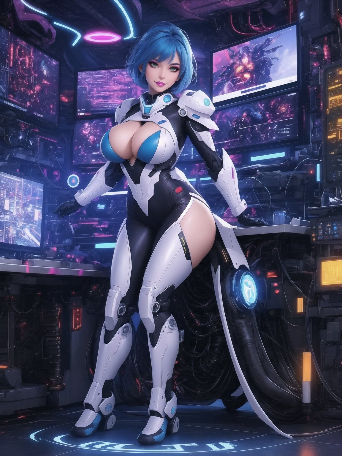 A woman, wearing mecha costume with parts in blue, all white costume, costume with cybernetic armor, costume with lights attached, gigantic breasts, costume covering the whole body, costume very tight on the body, synthetic costume, very short hair, blue hair, mohawk hair, hair with bangs in front of eyes, she is in a giant robot in the control room, with machines, equipment, large gears, computers, luminous pipes, electricity running, UHD, best possible quality, ultra detailed, best possible resolution, ultra technological, futuristic, robotic, Unreal Engine 5, professional photography, ((she is doing sensual pose with interaction and leaning on anything + object + on something + leaning against)), ((full body)), better_hands, More detail,