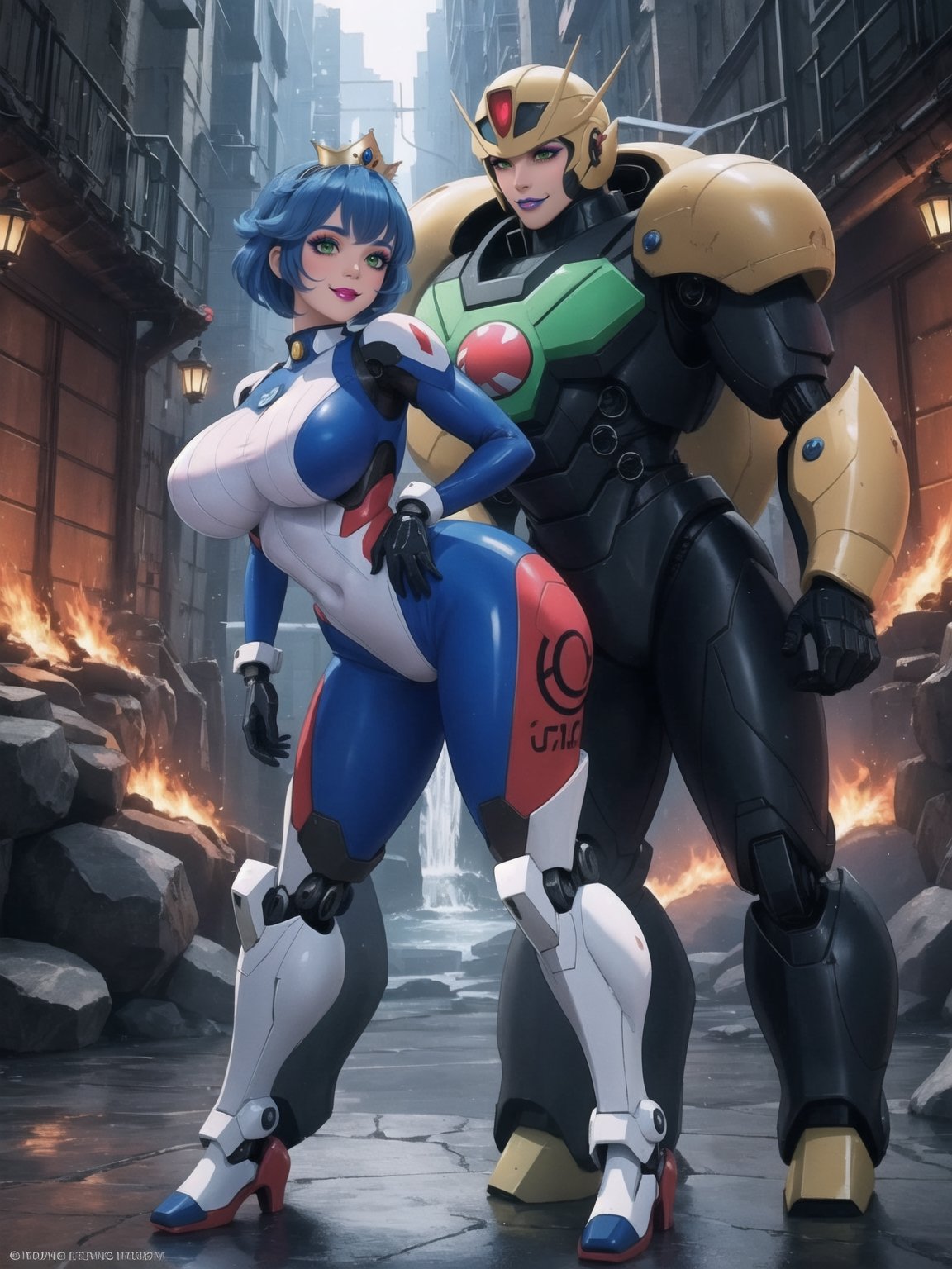 [Princess Peach], has gigantic breasts, wearing mecha suit with blue parts, totally white mecha suit, very tight mecha suit on the body, wearing a crown + cybernetic helmet, short hair, blue hair, mohawk hair, hair with bangs in front of the eyes, she is in a dungeon, with many pipes, large stone structures, machines, monsters, dirty water waterfall, Super Mario Bros, super metroid, 16K, UHD, best possible quality, ultra detailed, best possible resolution, ultra technological, futuristic, robotic, Unreal Engine 5, professional photography, she is ((sensual pose with interaction and leaning on anything + object + on something + leaning against)), perfect anatomy, ((full body)), More detail, better_hands.