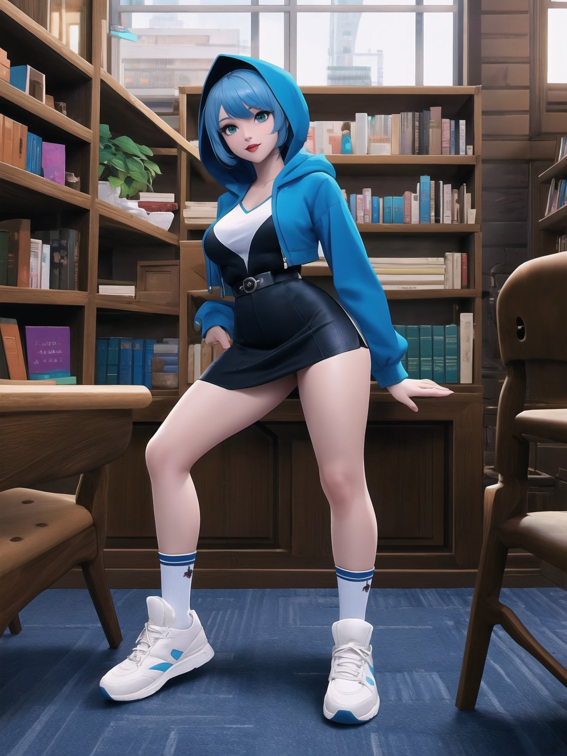 A woman is wearing a blue coat with a hood covering her head, a white T-shirt, a very short black skirt, knee-length lycra socks and white sneakers. The outfit is very tight on the body and her breasts are gigantic. She has blue hair, short in chanel style, with a very long fringe covering her left eye. She is looking directly at the viewer. She is inside a classroom, with a blackboard, tables with chairs, bookshelves with books and windows. There are many structures around, ((A woman is striking a sensual pose, interacting and leaning on any available object/structure in the scene)). maximum sharpness, UHD, 16k, anime style, best possible quality, ultra detailed, best possible resolution, (full body:1.5), Unreal Engine 5, professional photography, perfect_thighs, perfect_legs, perfect_feet, perfect hand, fingers, hand, perfect, better_hands, more detail