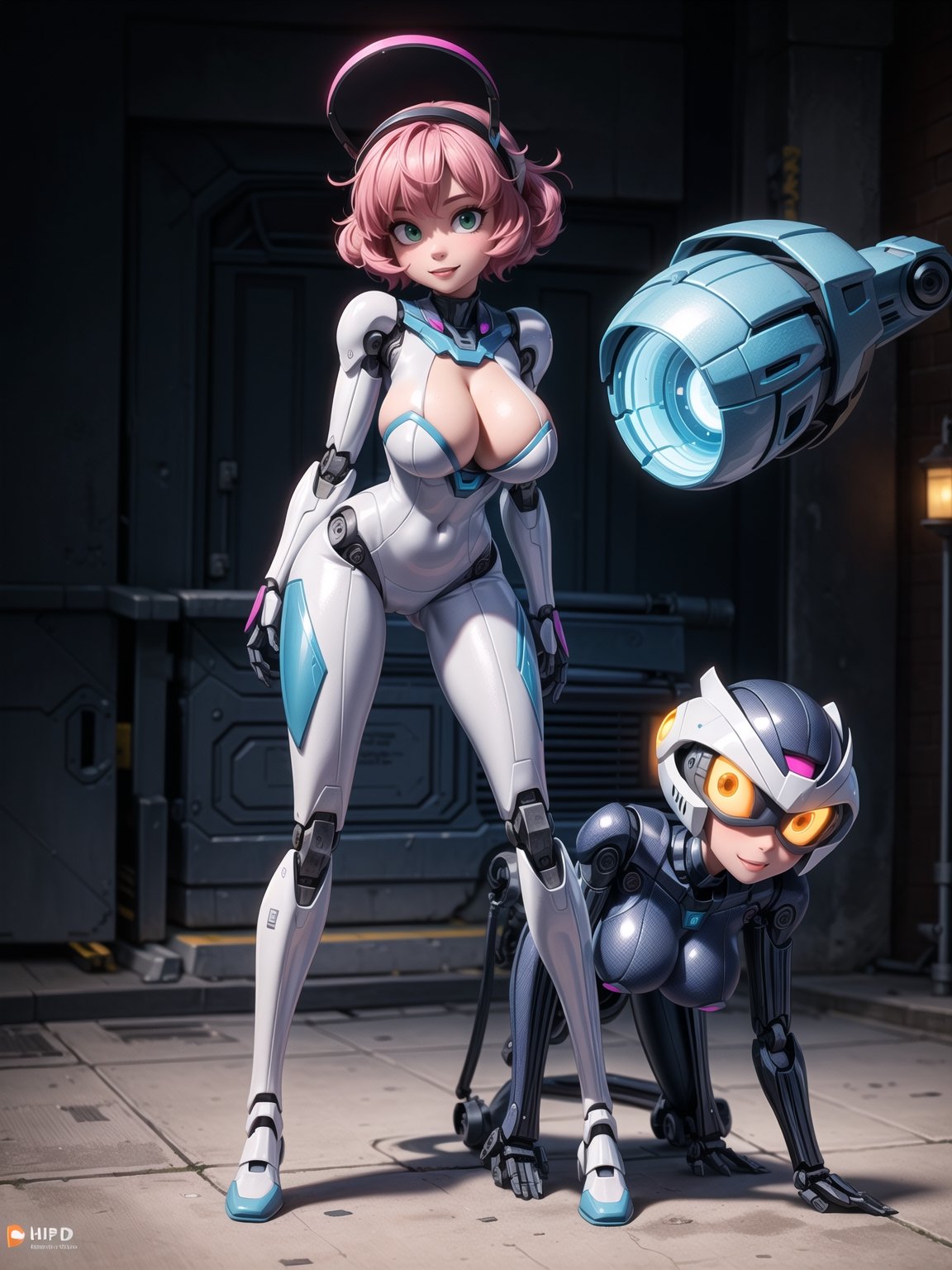A robot woman, wearing ((white mecha costume with parts in blue, gigantic breasts, helmet+mask with visor)), short hair, pink hair, hair with barrettes, curly hair, messy hair, hair with bangs in front of her eyes, (((looking at the viewer, sensual pose with interaction and leaning on anything+object+on something+leaning against+leaning against))) in the underworld at night with many metal structures, machines, robots, ((full body):1.5); 16K, UHD, unreal engine 5, quality max, max resolution, ultra-realistic, ultra-detailed, maximum sharpness, ((perfect_hands): 1), Goodhands-beta2, ((a robot woman+robotic limbs)), ((underworld))