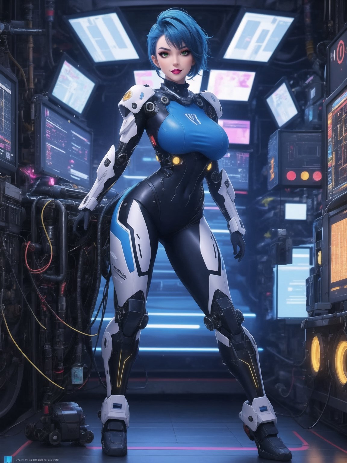 A woman, wearing mecha costume with parts in blue, all white costume, costume with cybernetic armor, costume with lights attached, gigantic breasts, costume covering the whole body, costume very tight on the body, synthetic costume, very short hair, blue hair, mohawk hair, hair with bangs in front of eyes, she is in a giant robot in the control room, with machines, equipment, large gears, computers, luminous pipes, electricity running, UHD, best possible quality, ultra detailed, best possible resolution, ultra technological, futuristic, robotic, Unreal Engine 5, professional photography, she is, ((sensual pose with interaction and leaning on anything + object + on something + leaning against)), ((full body)), better_hands, More detail,