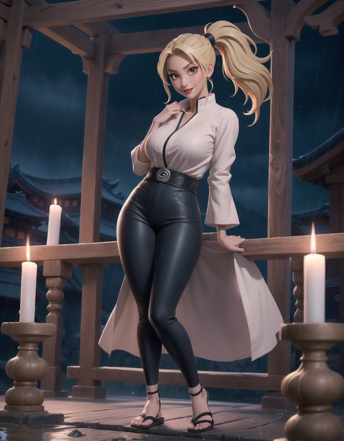 Masterpiece in UHD resolution, sharp details. Style inspired by ((Naruto Shippuden)), a fusion of anime and realism. | ((Tsunade)), a 30-year-old woman, looks stunning in a ninja temple at night, under heavy rain. Wearing a tight green coat, a collarless white shirt, dark blue trousers, and black leather sandals, her attire stands out, shaping her body perfectly. ((Gigantic_breasts)) are notable but do not overshadow her sincere gaze and the broad smile she offers to the viewer. Her long blonde hair, with an impressive frontal fringe, is tied in a ponytail. Tsunade stands in an open area of the temple, surrounded by structures of black marble, altars with ninja inscriptions, imposing pillars, and a statue of an ancient Hokage. Candles on the walls and wooden structures complete the scene, creating an authentic ninja atmosphere. | The scene is captured at a medium angle, enhancing Tsunade's elegant posture as she stares directly at the viewer, conveying confidence and determination. The intense rain adds dynamism to the image, with water droplets running down Tsunade's face and splashing on the ground. The lighting is softened by the candles, highlighting the details of the tight outfit and the woman's radiant expression. | Impressive scene of Tsunade, a 30-year-old woman, in a ninja temple during the rainy night of Naruto Shippuden. | {The camera is positioned very close to her, revealing her entire body as she adopts a (sensual_pose), interacting with and leaning on a structure in the scene in an exciting way} | ((perfect_pose)), She is adopting a ((sensual_pose as interacts, boldly leaning on a structure, leaning back in an exciting way):1.3), ((full body)), (perfect_fingers:1.0), (perfect_legs:1.0), More_Detail, realhands