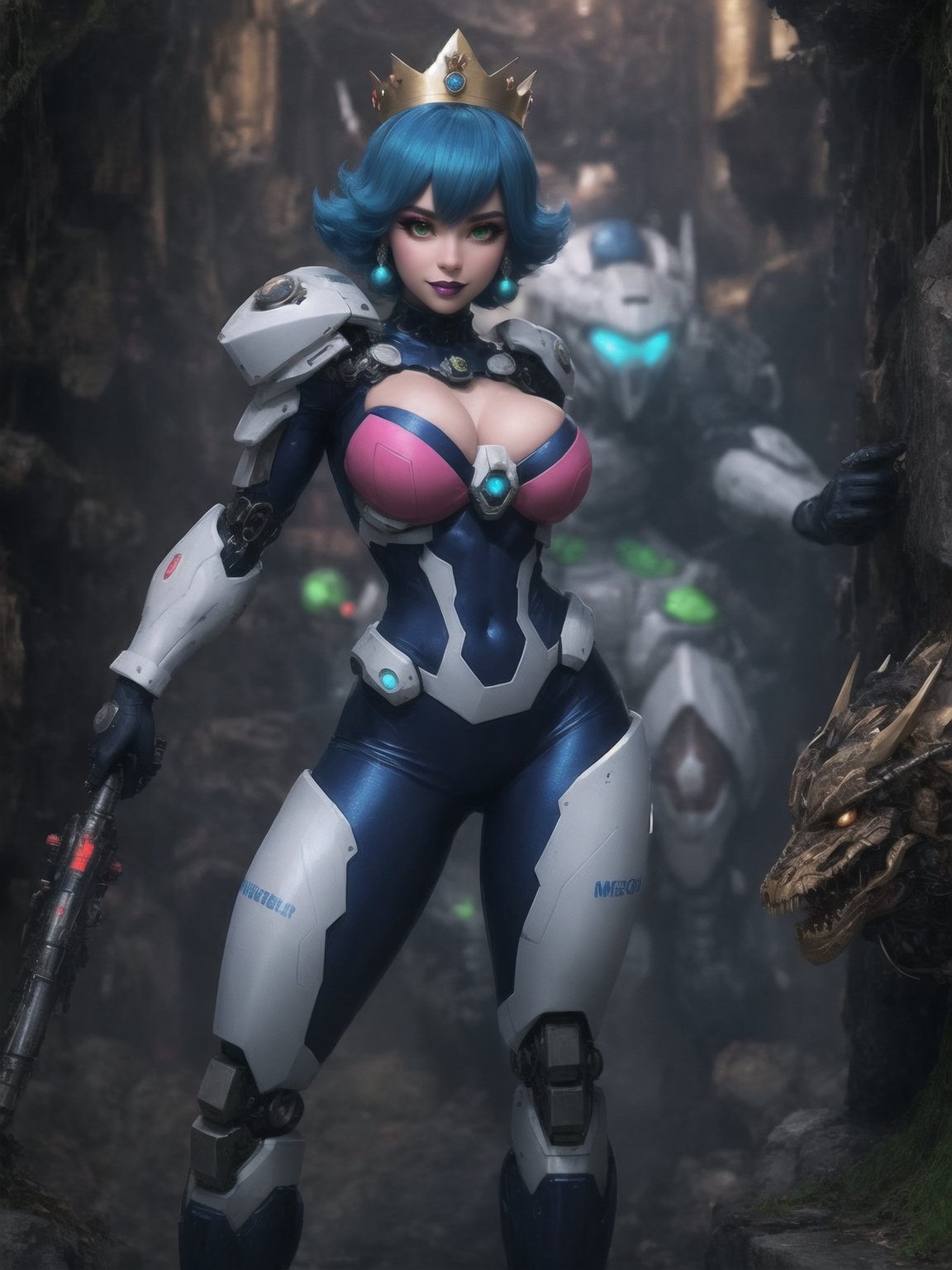 [Princess Peach], has gigantic breasts, wearing mecha suit with blue parts, totally white mecha suit, very tight mecha suit on the body, wearing a crown + cybernetic helmet, short hair, blue hair, mohawk hair, hair with bangs in front of the eyes, she is in a dungeon, with many pipes, large stone structures, machines, monsters, dirty water waterfall, Super Mario Bros, super metroid, 16K, UHD, best possible quality, ultra detailed, best possible resolution, ultra technological, futuristic, robotic, Unreal Engine 5, professional photography, she is ((sensual pose with interaction and leaning on anything + object + on something + leaning against)), perfect anatomy, ((full body)), More detail, better_hands.