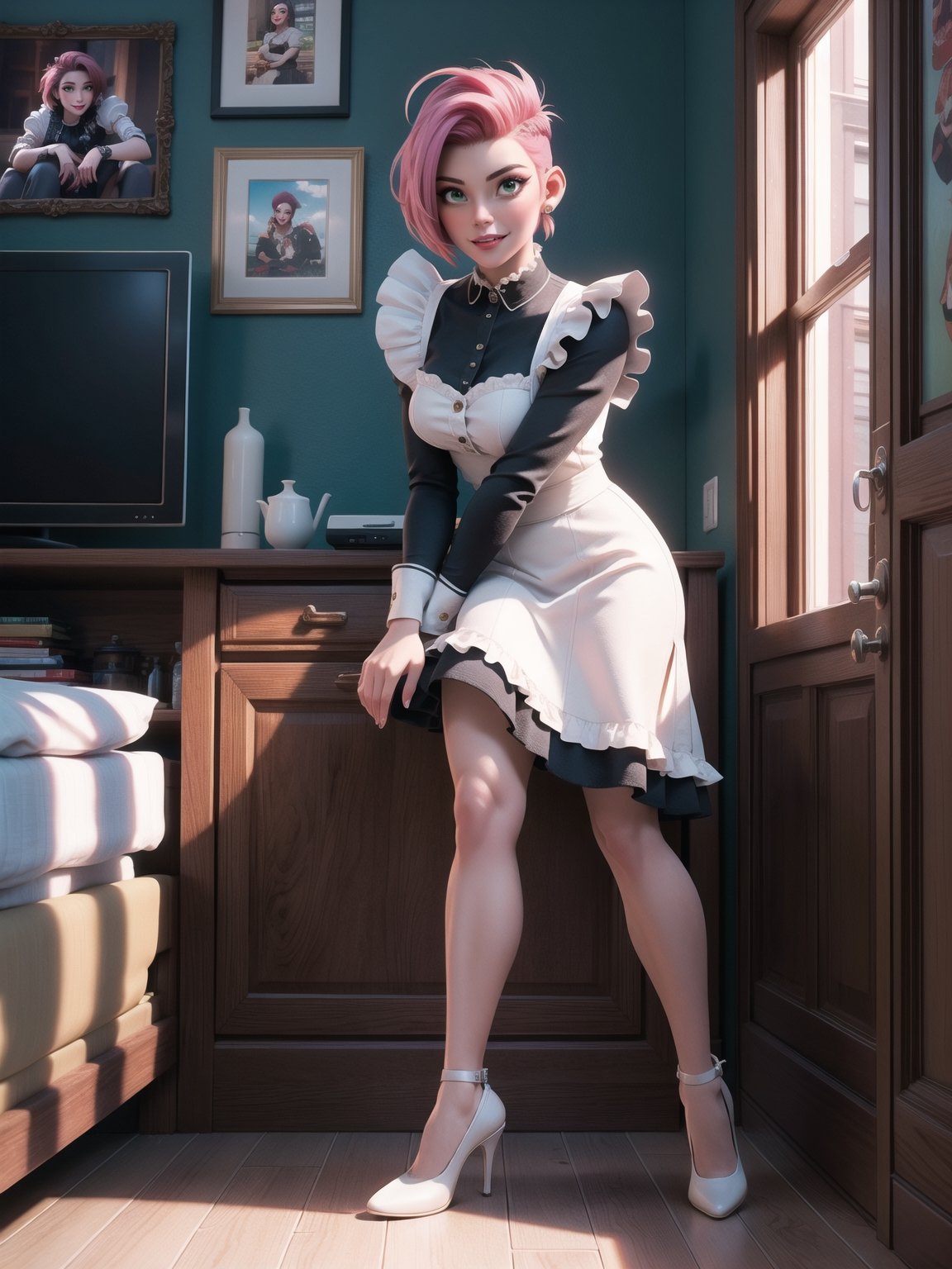 A woman, wearing costume of ((maid)) all black with white parts, white skirt with ruffle, very short hair, pink hair, (mohawk hair), hair with bangs in front of the eyes, (looking at the viewer), (((sensual pose with interaction and leaning on anything + object + on something + leaning against))) in an apartment, with furniture, 1+floor+chair, Plasma TV, refrigerator, table, bed, open window, candles illuminating the place, 16K, UHD, (full body:1.5), unreal engine 5, ultra technological, quality max, max resolution, More detail, ultra-realistic, ultra-detailed, maximum sharpness, perfect_hands, better_hands,