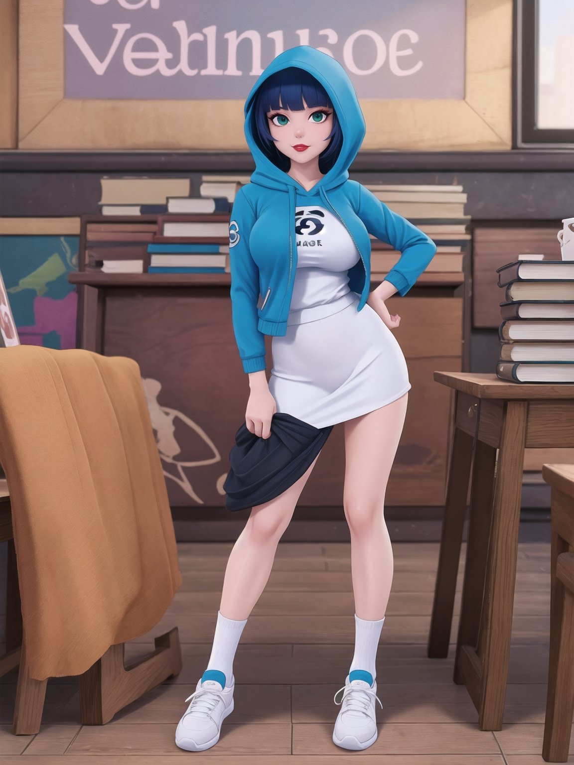 A woman is wearing a blue coat with a hood covering her head, a white T-shirt, a very short black skirt, knee-length lycra socks and white sneakers. The outfit is very tight on the body and her breasts are gigantic. She has blue hair, short in chanel style, with a very long fringe covering her left eye. She is looking directly at the viewer. She is inside a classroom, with a blackboard, tables with chairs, bookshelves with books and windows. There are many structures around. ((A woman doing a sensual pose with interaction and leaning on anything+object+on something+structure+leaning against+sensual pose)), maximum sharpness, UHD, 16k, anime style, best possible quality, ultra detailed, best possible resolution, (full body:1.5), Unreal Engine 5, professional photography, perfect_thighs, perfect_legs, perfect_feet, perfect hand, fingers, hand, perfect, better_hands, more detail