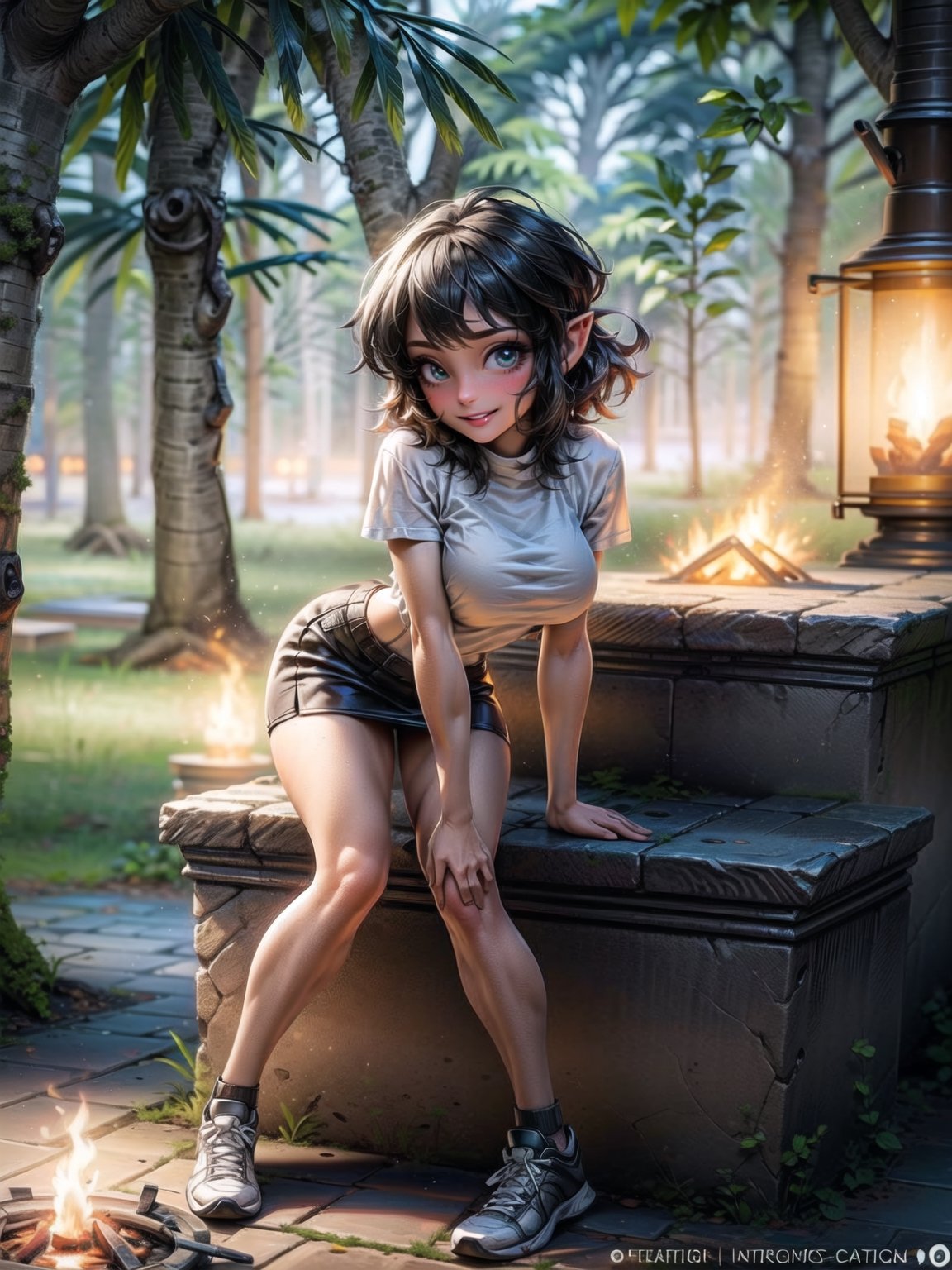 A woman, wearing a white T-shirt, short black skirt, white sneakers with red stripes, tight and tight clothing, gigantic breasts, blue hair, short hair, hair with bangs in front of her eyes, (((looking at the viewer)), (((sensual pose+Interacting+leaning on anything+object+leaning against))) in a rainforest at night with many structures, large stones, a campsite with a campfire,  tent, tree trunks, 16K, UHD, unreal engine 5, quality max, max resolution, ultra-realistic, ultra-detailed, maximum sharpness, ((perfect_hands)), ((perfect_legs)), Goodhands-beta2, zelda tears of the kingdom, (full body:1.2)