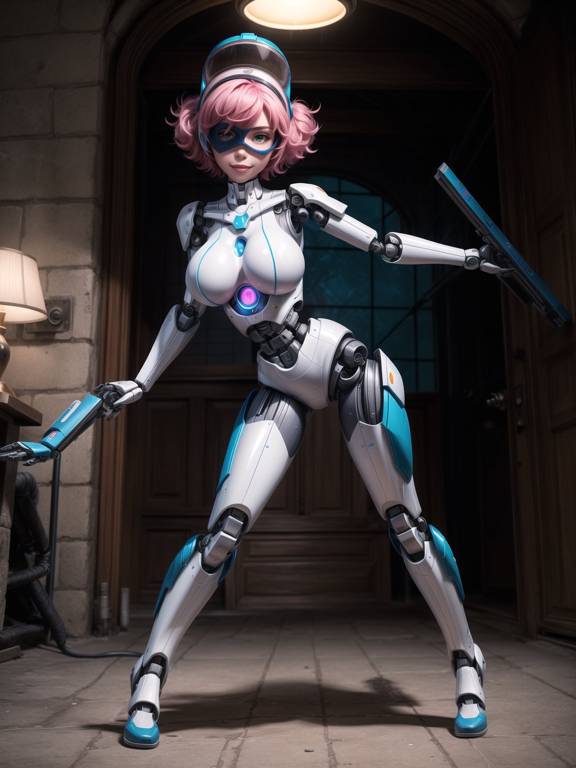A robot woman, wearing ((white mecha costume with parts in blue, gigantic breasts, helmet+mask with visor)), short hair, pink hair, hair with barrettes, curly hair, messy hair, hair with bangs in front of her eyes, (((looking at the viewer, sensual pose with interaction and leaning on anything+object+on something+leaning against+leaning against))) in the underworld at night with many metal structures, machines, robots, ((full body):1.5); 16K, UHD, unreal engine 5, quality max, max resolution, ultra-realistic, ultra-detailed, maximum sharpness, ((perfect_hands): 1), Goodhands-beta2, ((a robot woman+robotic limbs))