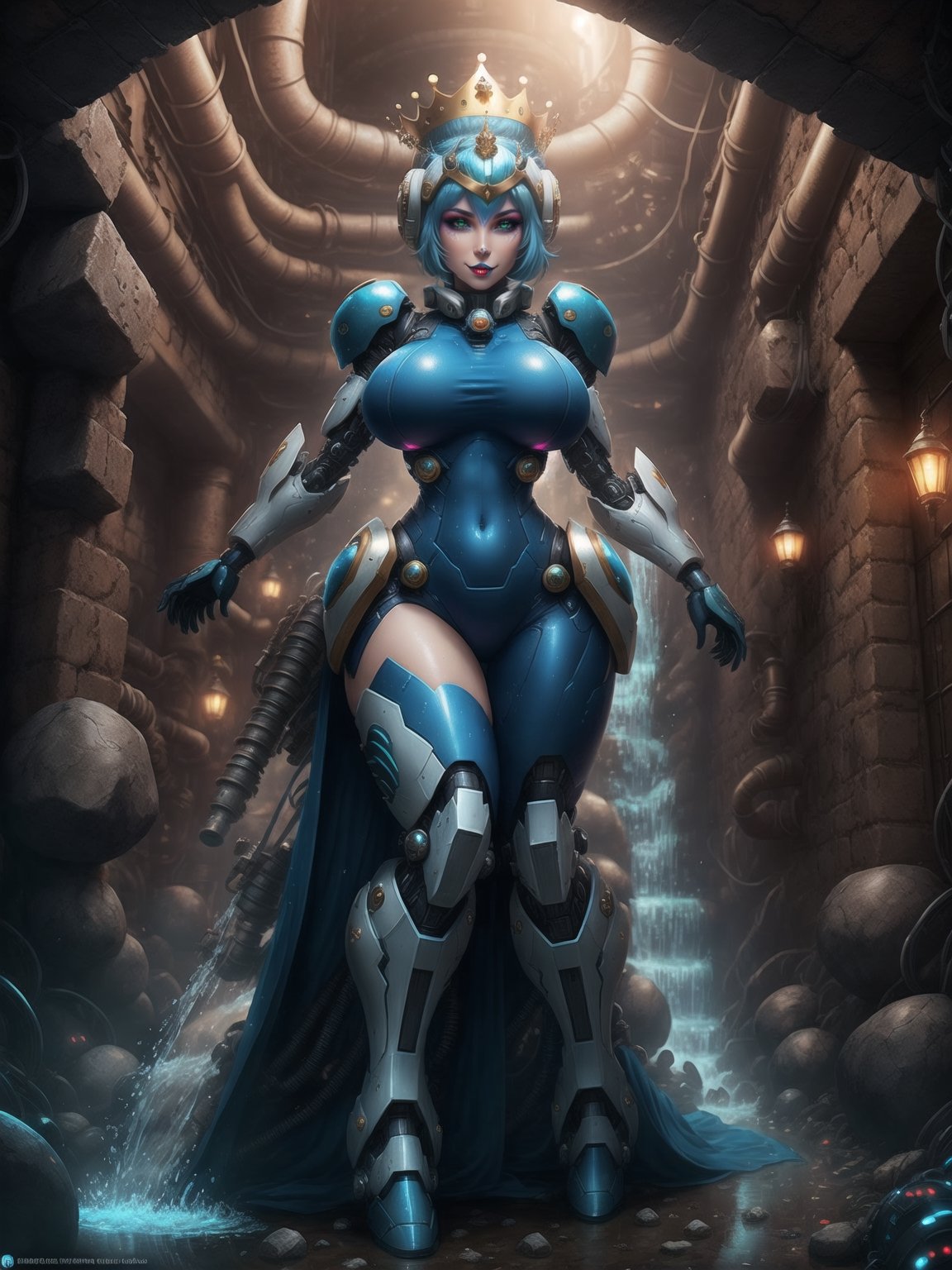 [Princess Peach], has gigantic breasts, wearing mecha suit with blue parts, totally white mecha suit, very tight mecha suit on the body, ((wearing a crown + cybernetic helmet)), short hair, blue hair, mohawk hair, hair with bangs in front of the eyes, she is in a dungeon, with many pipes, large stone structures, machines, monsters, dirty water waterfall, Super Mario Bros, super metroid, 16K, UHD, best possible quality, ultra detailed, best possible resolution, ultra technological, futuristic, robotic, Unreal Engine 5, professional photography, she is ((sensual pose with interaction and leaning on anything + object + on something + leaning against)), perfect anatomy ((full body)), More detail, better_hands.