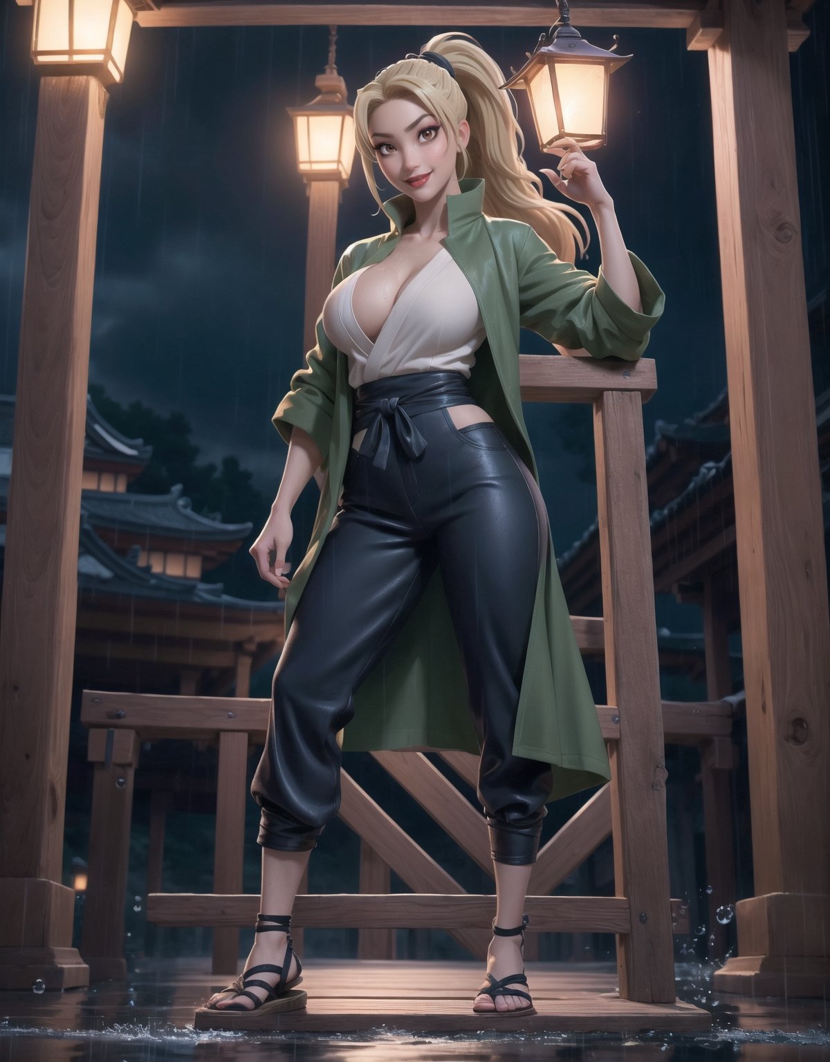 Masterpiece in UHD resolution, sharp details. Style inspired by ((Naruto Shippuden)), a fusion of anime and realism. | ((Tsunade)), a 30-year-old woman, looks stunning in a ninja temple at night, under heavy rain. Wearing a tight green coat, a collarless white shirt, dark blue trousers, and black leather sandals, her attire stands out, shaping her body perfectly. ((Gigantic_breasts)) are notable but do not overshadow her sincere gaze and the broad smile she offers to the viewer. Her long blonde hair, with an impressive frontal fringe, is tied in a ponytail. Tsunade stands in an open area of the temple, surrounded by structures of black marble, altars with ninja inscriptions, imposing pillars, and a statue of an ancient Hokage. Candles on the walls and wooden structures complete the scene, creating an authentic ninja atmosphere. | The scene is captured at a medium angle, enhancing Tsunade's elegant posture as she stares directly at the viewer, conveying confidence and determination. The intense rain adds dynamism to the image, with water droplets running down Tsunade's face and splashing on the ground. The lighting is softened by the candles, highlighting the details of the tight outfit and the woman's radiant expression. | Impressive scene of Tsunade, a 30-year-old woman, in a ninja temple during the rainy night of Naruto Shippuden. | {The camera is positioned very close to her, revealing her entire body as she adopts a (sensual_pose), interacting with and leaning on a structure in the scene in an exciting way} | ((perfect_pose)), She is adopting a ((sensual_pose as interacts, boldly leaning on a structure, leaning back in an exciting way):1.3), ((full body)), (perfect_fingers:1.0), (perfect_legs:1.0), More_Detail, realhands