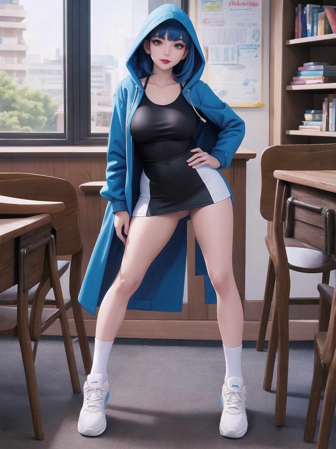A woman is wearing a blue coat with a hood covering her head, a white T-shirt, a very short black skirt, knee-length lycra socks and white sneakers. The outfit is very tight on the body and her breasts are gigantic. She has blue hair, short in chanel style, with a very long fringe covering her left eye. She is looking directly at the viewer. She is inside a classroom, with a blackboard, tables with chairs, bookshelves with books and windows. There are many structures around. ((A woman doing a sensual pose with interaction and leaning on anything+object+on something+structure+leaning against)), maximum sharpness, UHD, 16k, anime style, best possible quality, ultra detailed, best possible resolution, (full body:1.5), Unreal Engine 5, professional photography, perfect_thighs, perfect_legs, perfect_feet, perfect hand, fingers, hand, perfect, better_hands, more detail