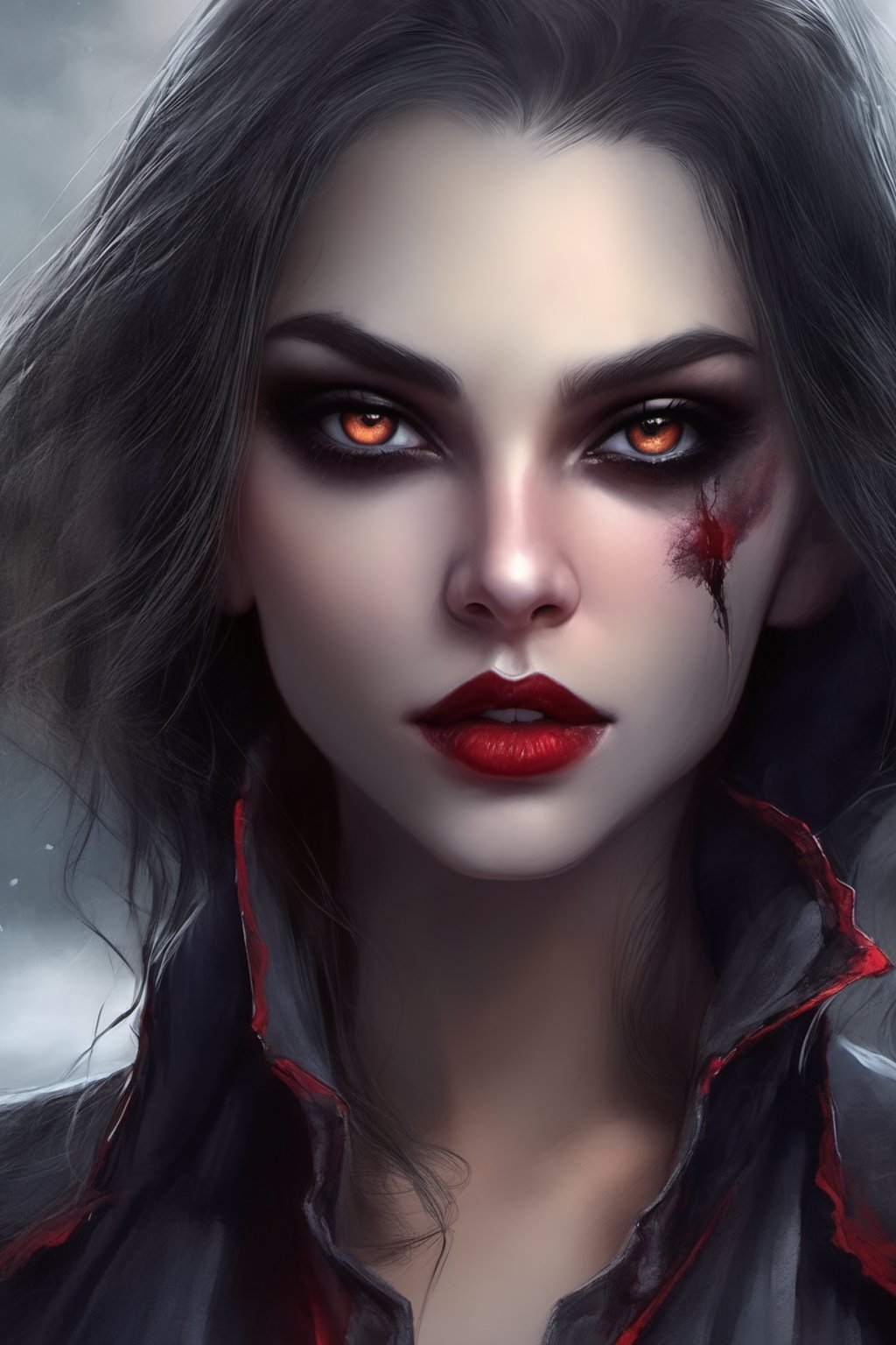 beautiful vampire girl, colours splashed eyes, color accents, town, concept art, digital painting, ethereal, epic, 32k, intricate details, sharp focus, detailed face, delicate face, Perfect face, detailed large reflective eyes, by DKCW, smooth reflective light, realistic, black and white, comic style