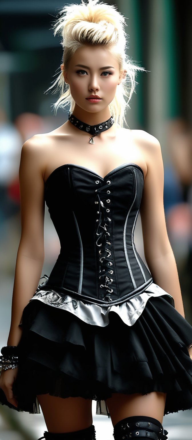 ulzzang-6500-v1.1, (RAW photo:1.2), (Photoreal), ,(Raw photo:1.2), (realistic:1.4), (genuine: 1.4), (muste piece), blonde woman, wearing a punk corset dress, モデルphotographスタイル, (Highly detailed CG 8k wallpaper unit), The most beautiful art pictures in the world, majestic professional (photograph：Steve McCurry), 8k UHD, Digital single-lens reflex camera, soft lighting, high quality, film grain, Fujifilm XT3 sharp focus, f5.6, high detail, sharp focus, dramatic, (wearing a punk corset dress), (looking at the viewer:1.2),  (Natural light), (fascinating)