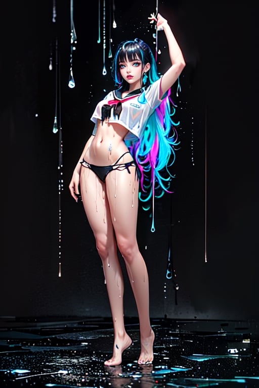 Young woman, hair made of colorful neon, slender body,full body shot, flat belly, ((wet skin)), (rain), black backdrop background, dynamic portrait, hyperrealism, 8k, absurdres, masterpiece, highly detailed RAW color art, rotting skin, wearing a tattered and torn school uniform, sign in the background with text "stingAI" 