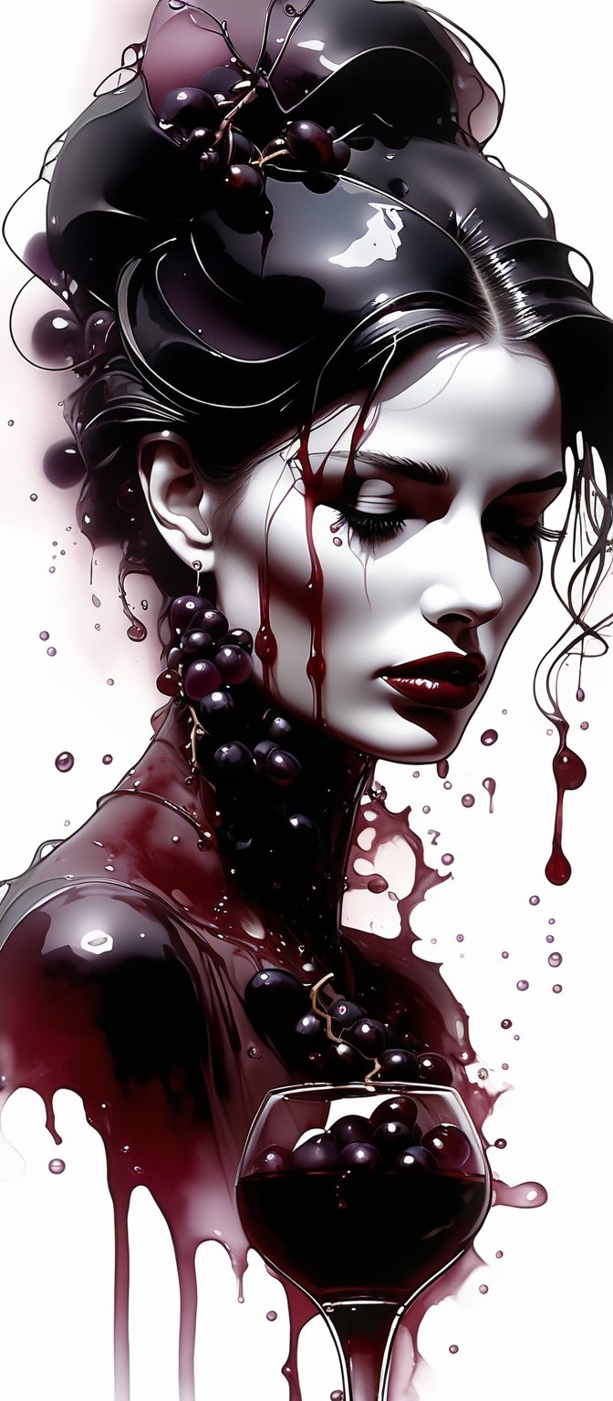 a stylish glass of red wine stylized as a delicate goth woman bust made of grapes and despair, tears dropping in the glass, style of Luis Royo
 dvr-cl-dvsn