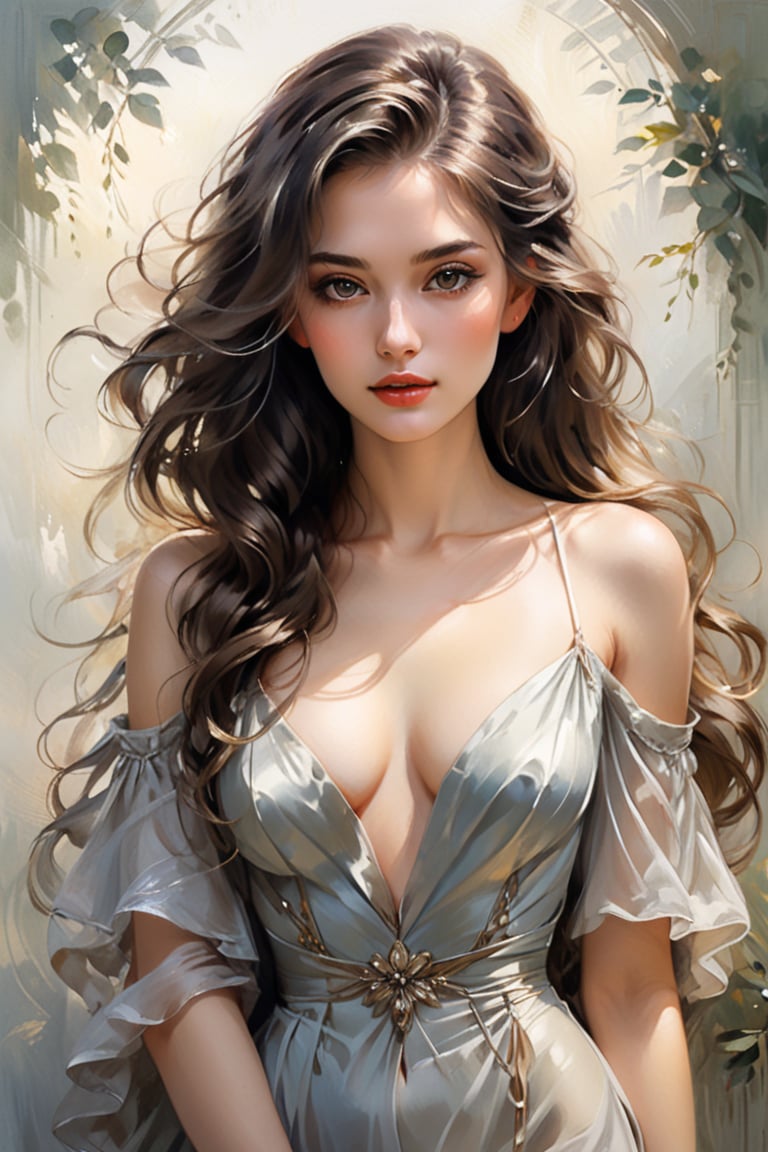 The ideal girl in the oil painting style is portrayed with flowing, cascading hair that appears almost lifelike in its fluid illustration style. The human anatomy of the girl is depicted with delicate precision, showcasing her elegant posture and graceful features. The soft lighting in the painting adds a dreamy quality to the composition, enhancing the ethereal beauty of the subject. The framing of the image is intimate, drawing the viewer's attention to the intricate details of the girl's hair and facial features. Overall, the painting captures a sense of timeless beauty and femininity in a classic, romantic genre.