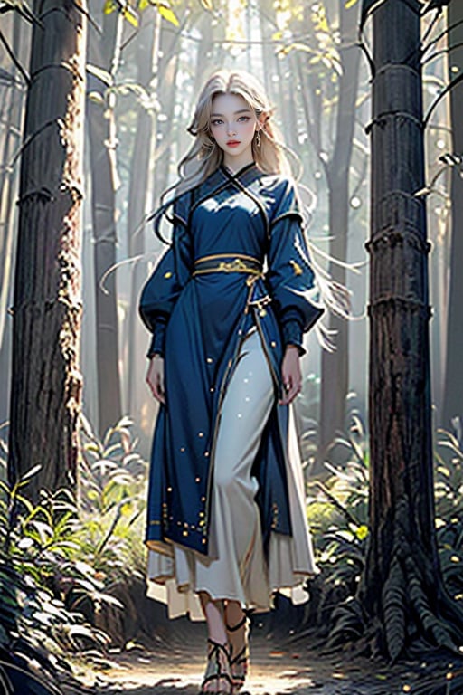 Create a full-length, front-on representation of Dawn Of Light, an ethereal and beautiful woman with long platinum hair and enchanting blue eyes. She is dressed in modest, glittering attire and wearing golden sandals, emanating light in an ethereal illuminated forest. 50kHD.