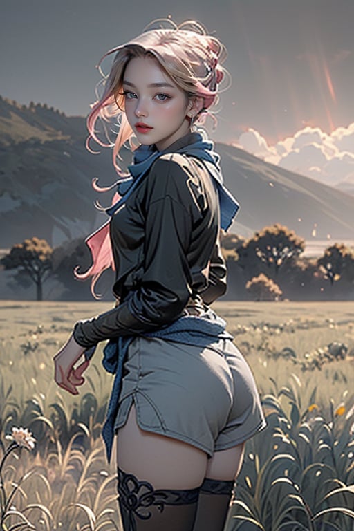 Beautiful woman with braided pink hair, Pink eyes, and freckles. wearing a blue scarf, glasses, adventurer outfit, bootyshorts and thigh highs. feminine pose in a field. on black canvas in the style of guillem h. pongiluppi,  abigail larson, ominous landscapes, john sloane, light gray and pink, energy-filled illustrations    