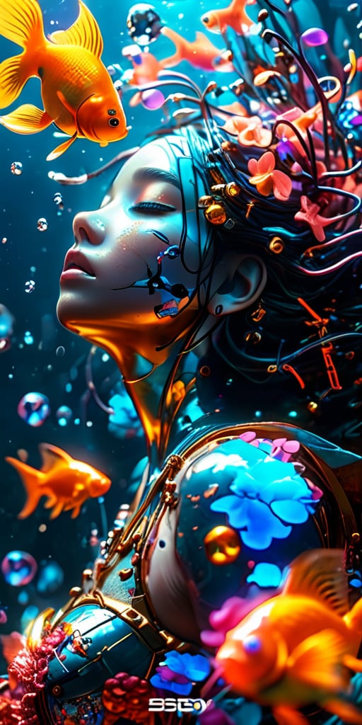 1 sexy and very beautiful girl, eyes closed, surreal bronzed_xl. the bronzed statue of her abandoned dreams. sense of suspense and mystery. bronze, vibrant and moody, underwater, seafloor and coral reefs, vibrant colorful goldfish, guppies, anglefish swimming, pastel-hued colors, sharp edges, dramatic, fine detail, epic mist, atmospheric, high resolution, vibrant colors, perfect young female anatomy, UHD, 8K, rich colors, chromatic aberration, sharp focus, bokeh, sci-fi masterpiece, highly detailed, intricate, beautiful volumetric lighting, epic light