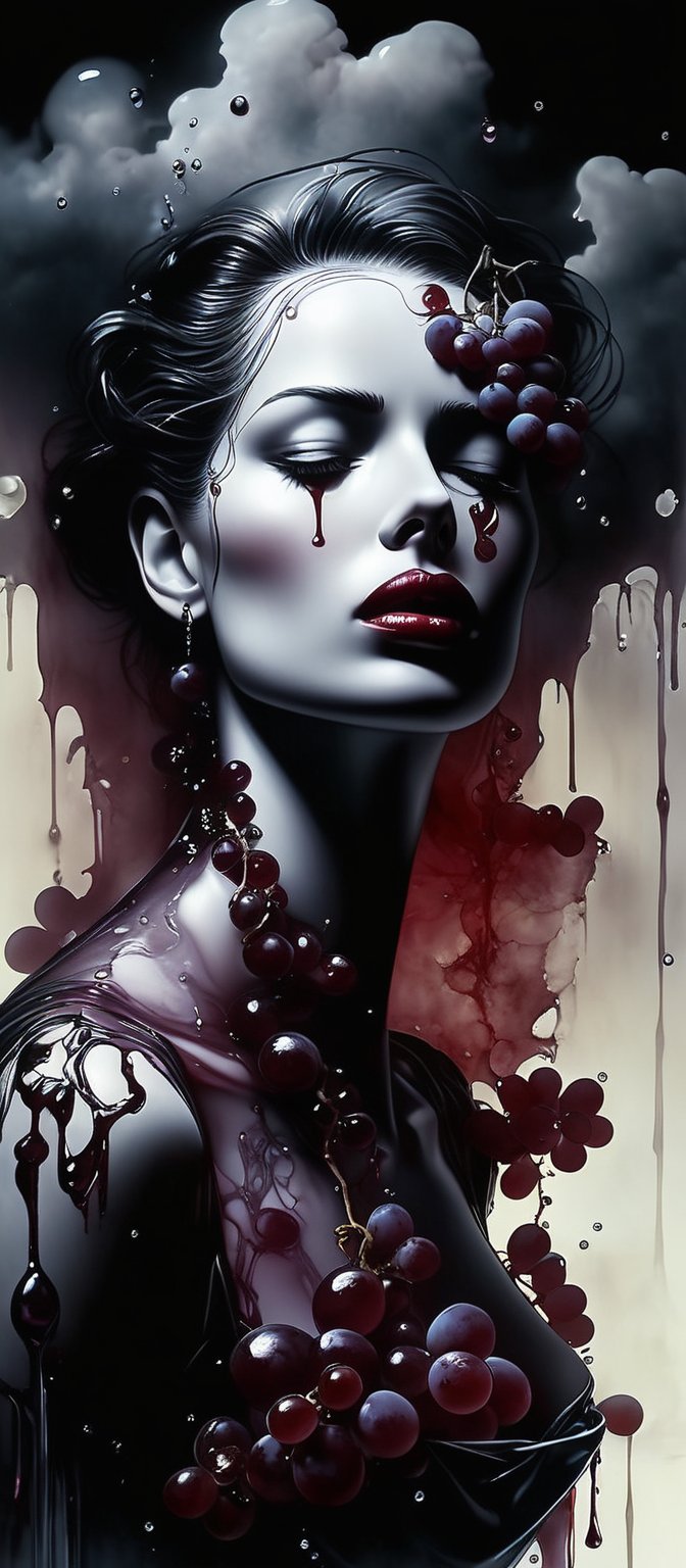 a stylish glass of red wine stylized as a delicate goth woman bust made of grapes and despair, tears dropping in the glass, style of Luis Royo
 dvr-cl-dvsn