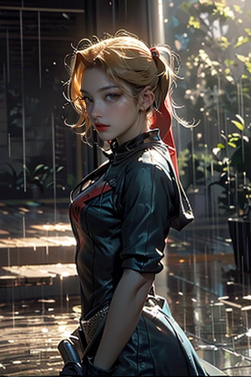 Harley Quinn in a cinematic scene and the rain is falling hard, but the rain does not fall on her, but the sunbeams are completely above her.