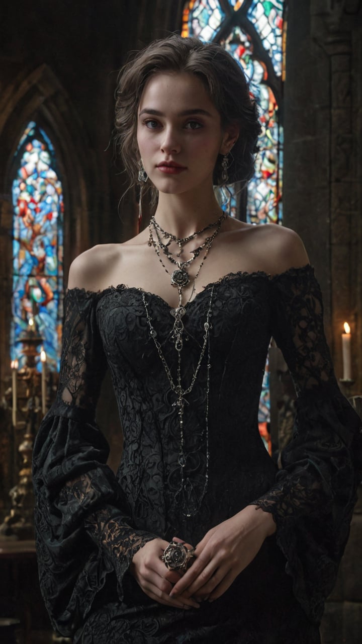 A Gothic-inspired girl with intricate lace and velvet details on her dress, holding a delicate skull-shaped locket with a gemstone, standing in a dimly lit chamber with ornate stone carvings and stained glass windows, surrounded by candelabras and a faint mist, with a few stray tears on her cheeks and a mysterious smile on her lips