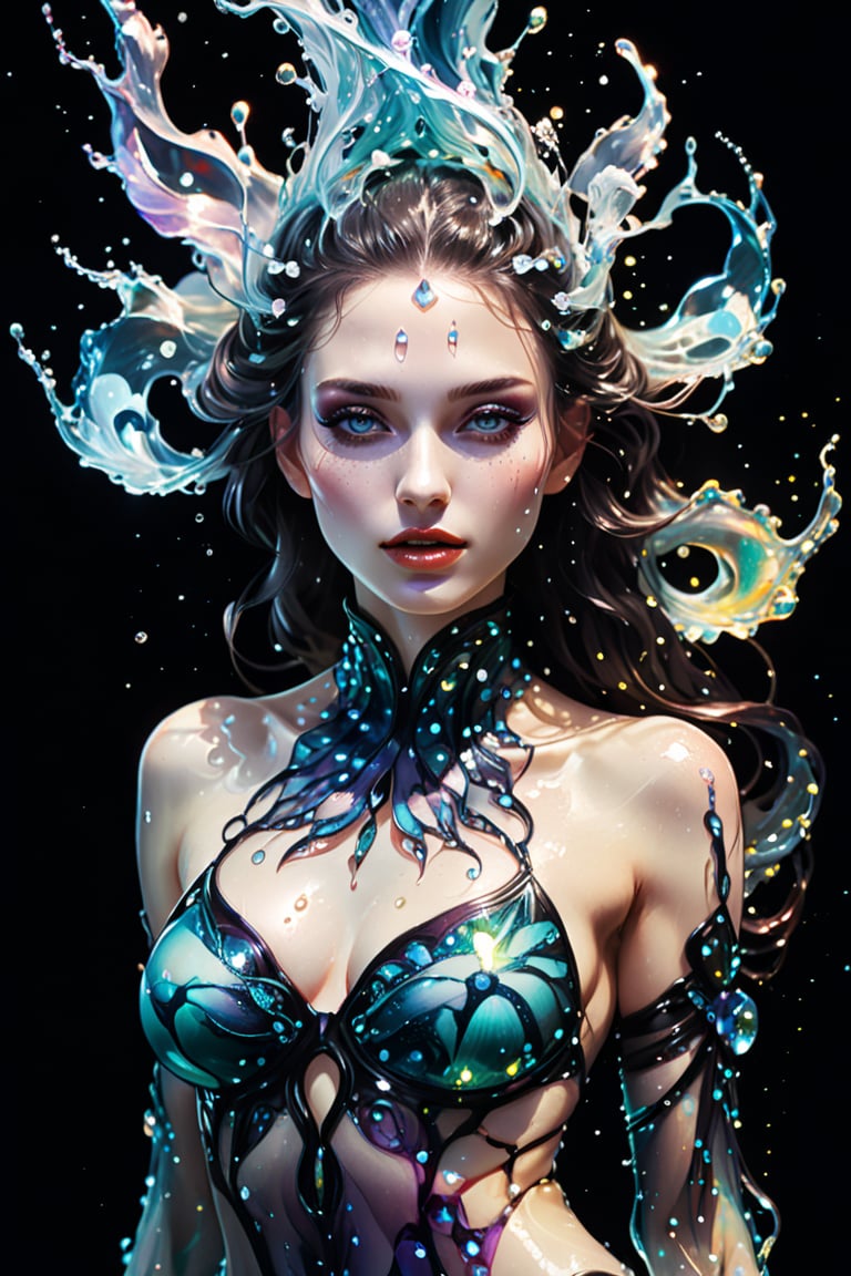 Envision a figure of dark magic, a full-bodied girl, ethereal and unreal as if conjured by Alberto Seveso. She is an optical illusion, mystical and radiant, adorned with twinkling lights. Her attire is crafted from the flow of water, surreal, displaying 3D fractals. The image is high-resolution, with sharp details, yet soft, emitting a dreamy glow. She is translucent, dotted with water drops, rendered in 8k resolution, her form akin to a nebula. She is stunningly beautiful, with a broken glass effect, set against no background. This mythical being radiates energy, her textures, iridescent and luminescent scales are a testament to breathtaking beauty, embodying pure perfection, a divine presence that is unforgettable and truly impressive.