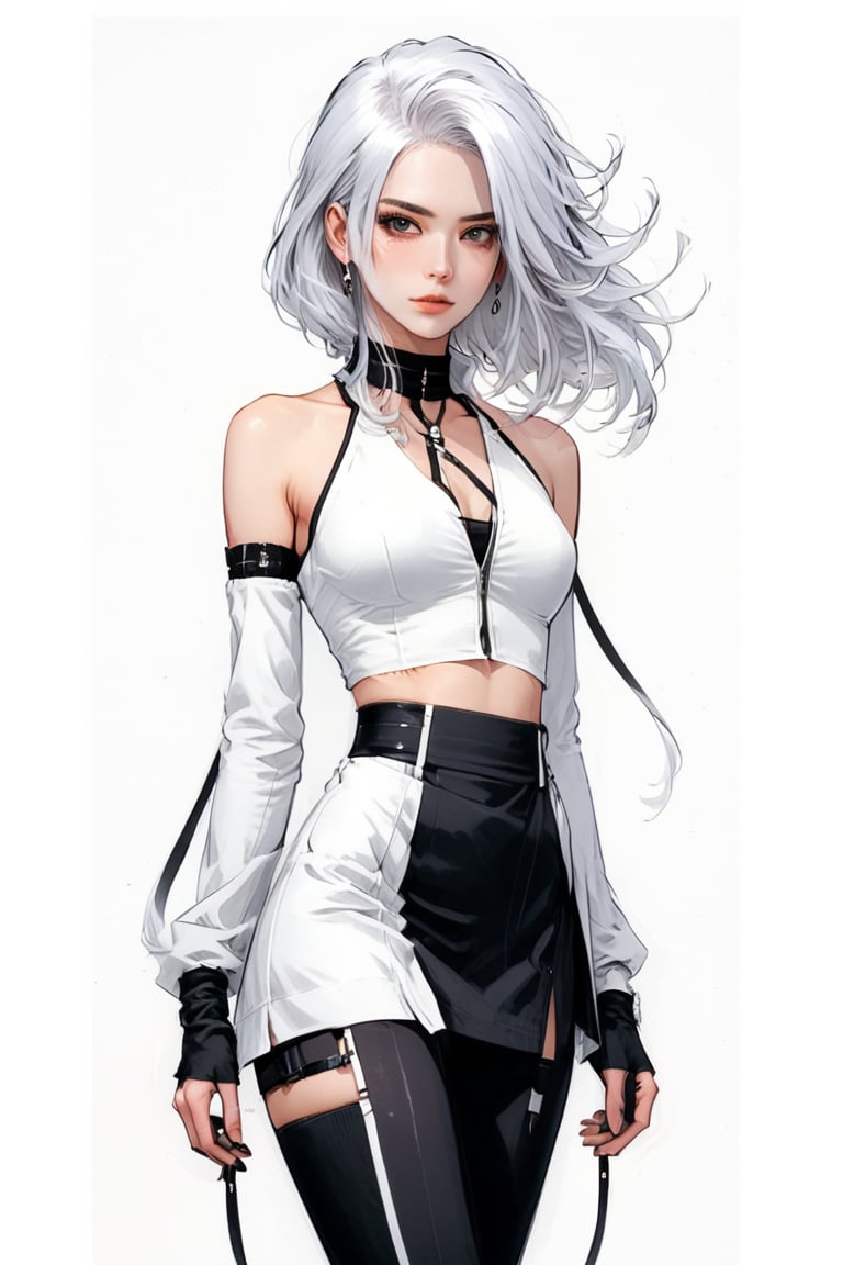 1girl, solo, full body, standing, white hair, split-color hair, black hair, white background, sketch, two-tone hair, long eyelashes, choker,